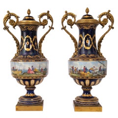 Pair 19th Century Monumental Antique Sevres French Porcelain Ormolu Urns 1860
