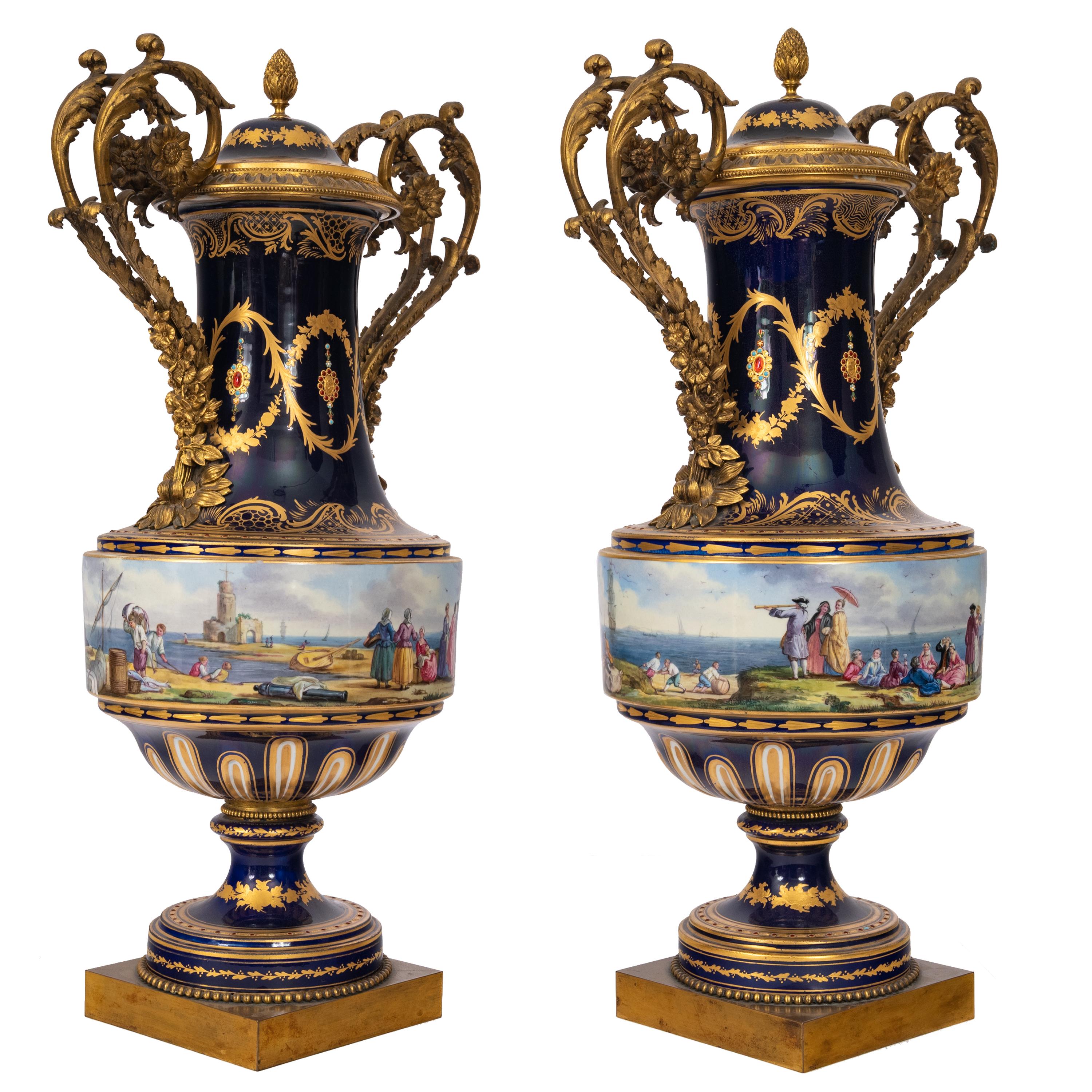 Rococo Revival Pair 19th Century Monumental Antique Sevres French Porcelain Ormolu Urns 1860 For Sale