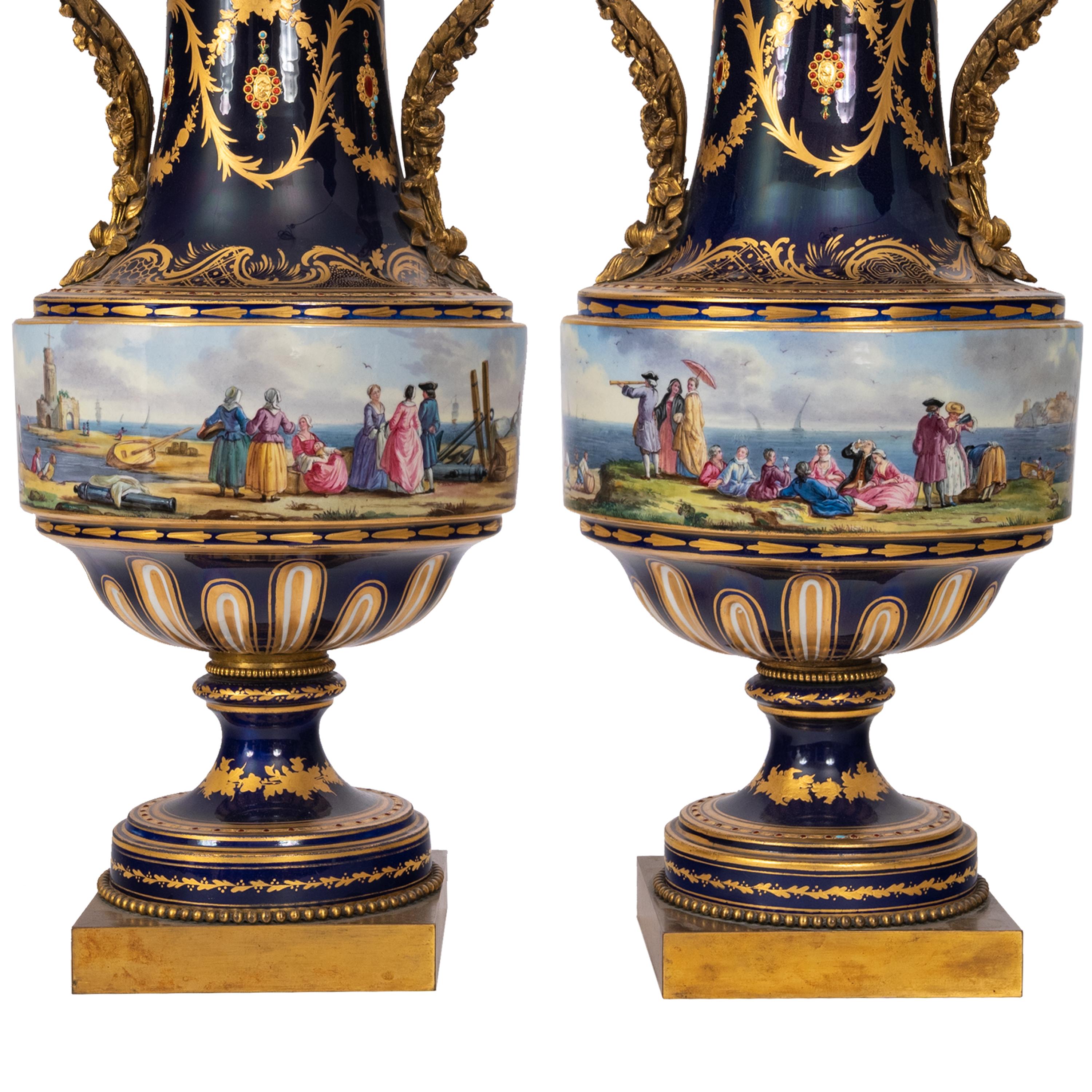 Hand-Painted Pair 19th Century Monumental Antique Sevres French Porcelain Ormolu Urns 1860 For Sale