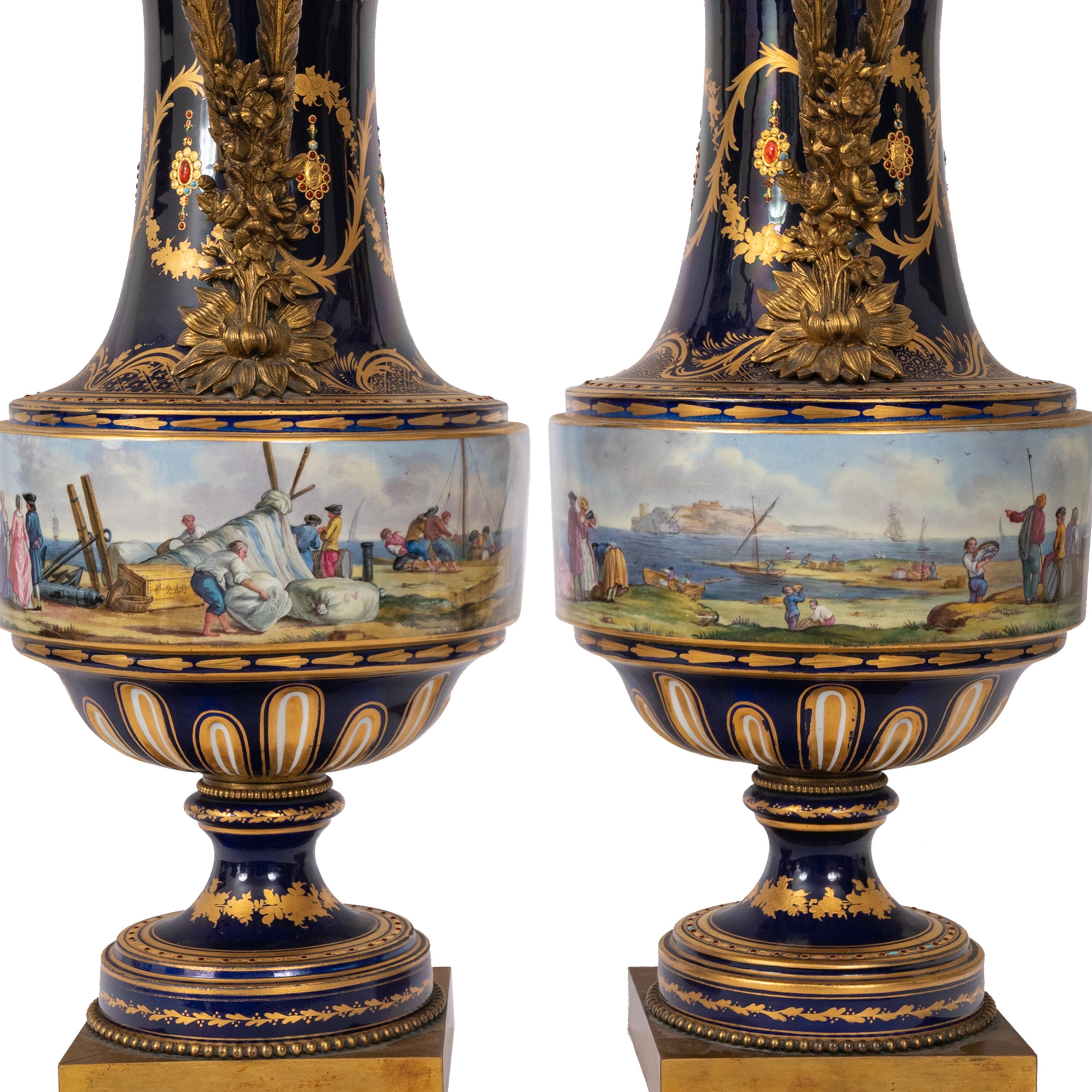 Bronze Pair 19th Century Monumental Antique Sevres French Porcelain Ormolu Urns 1860 For Sale