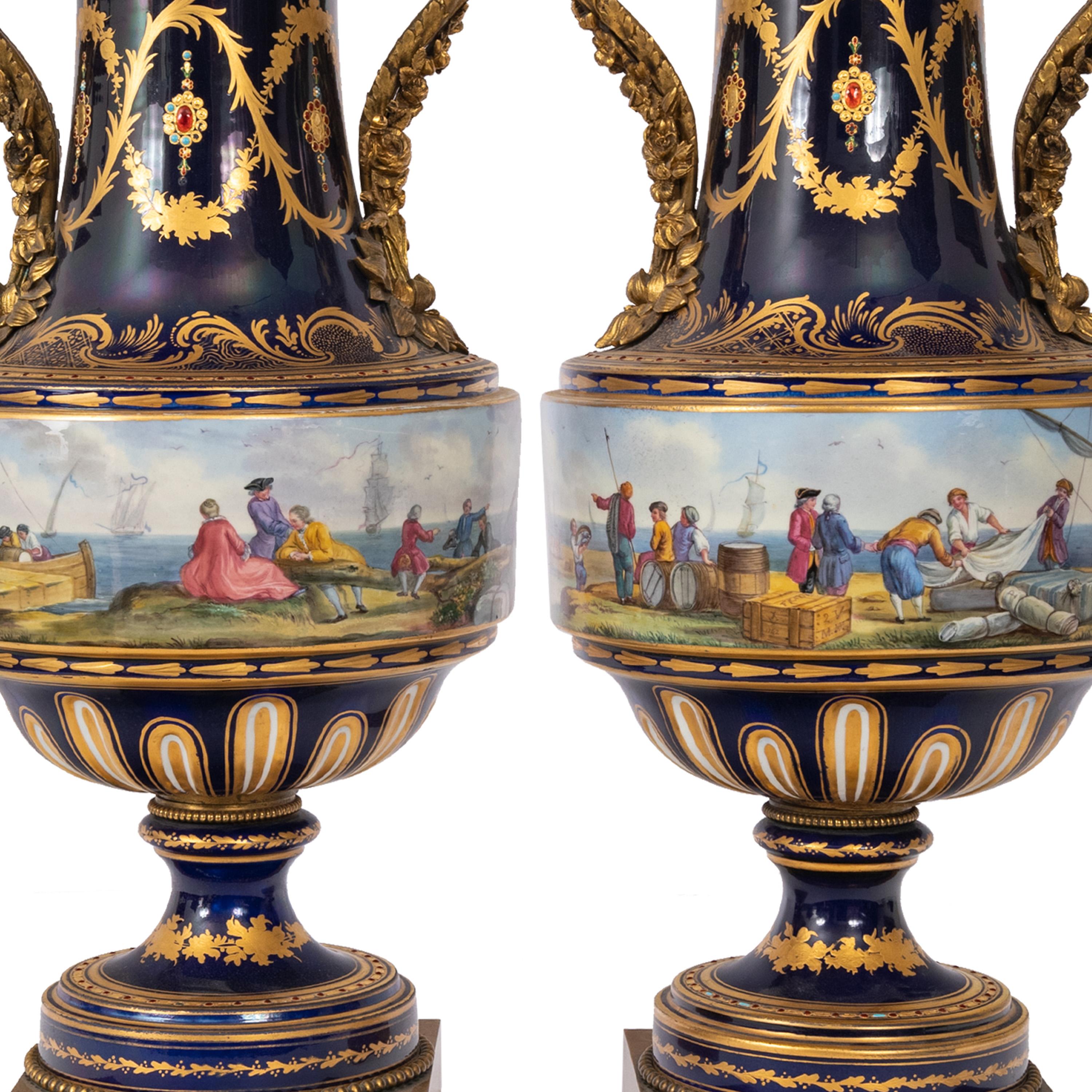 Pair 19th Century Monumental Antique Sevres French Porcelain Ormolu Urns 1860 For Sale 1