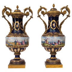 Pair 19th Century Monumental Antique Sevres French Porcelain Ormolu Urns 1860