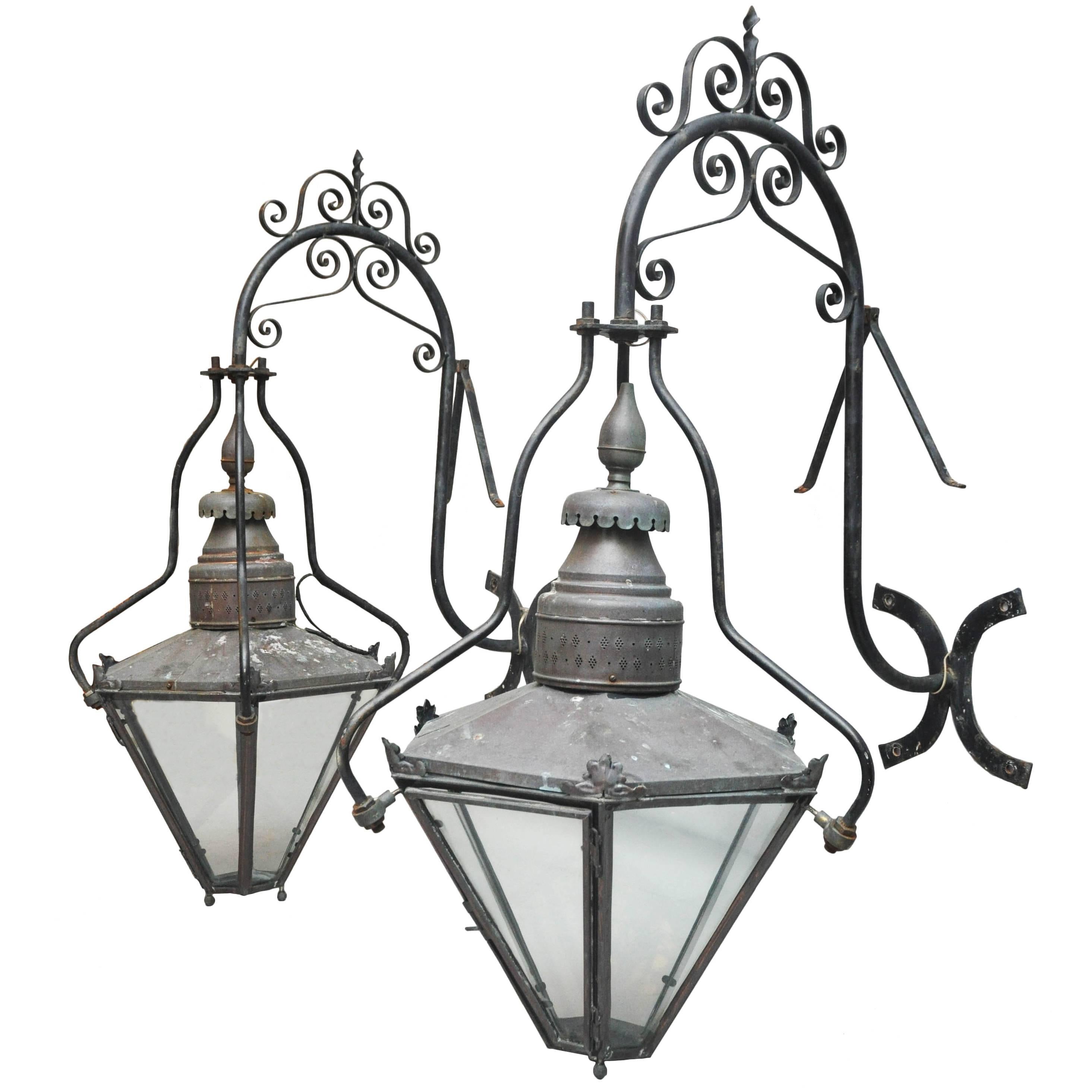 Pair 19th Century Monumental English Copper and Iron Outdoor Lantern Sconces For Sale