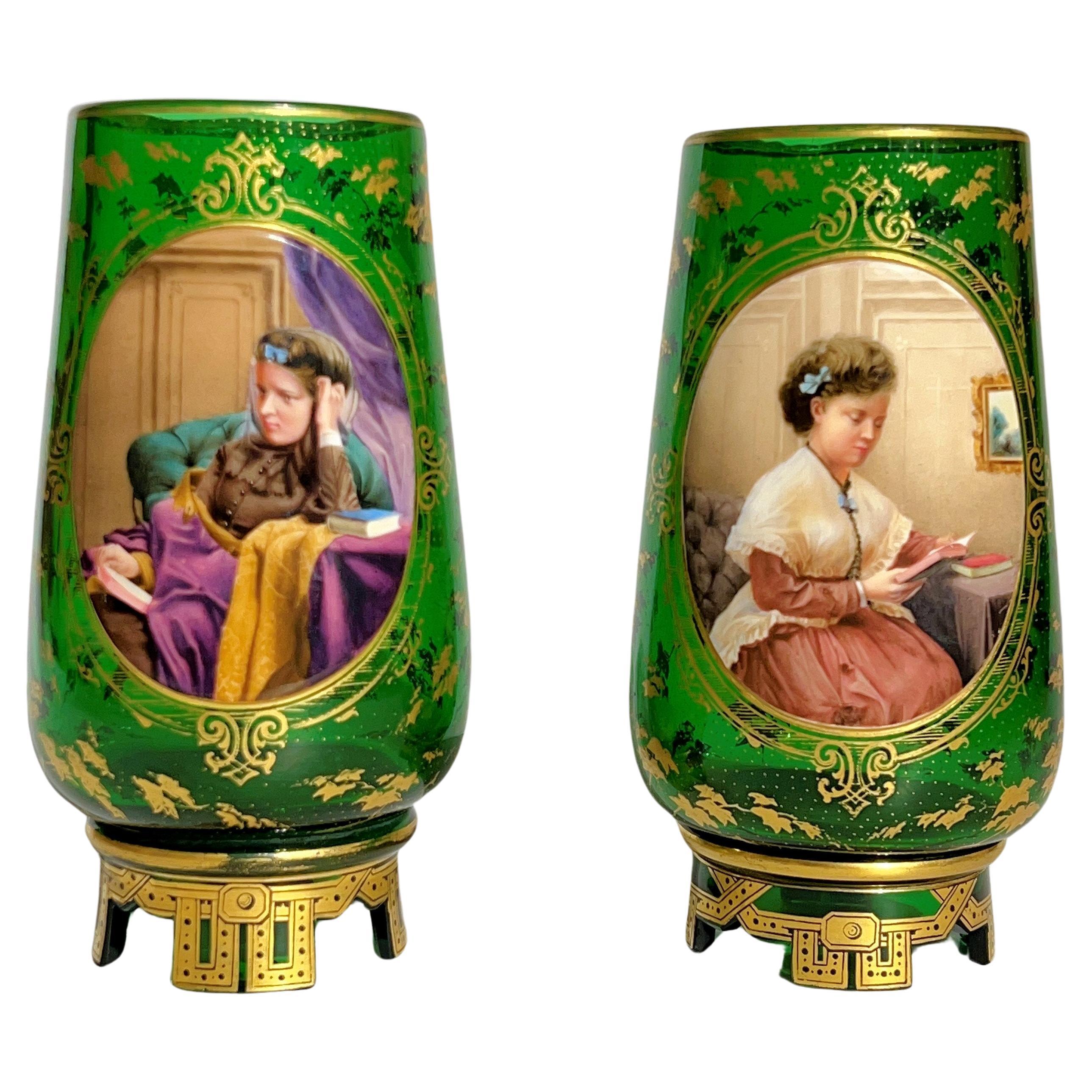 Pair 19th Century Moser Gilt Green Glass Portrait Vases