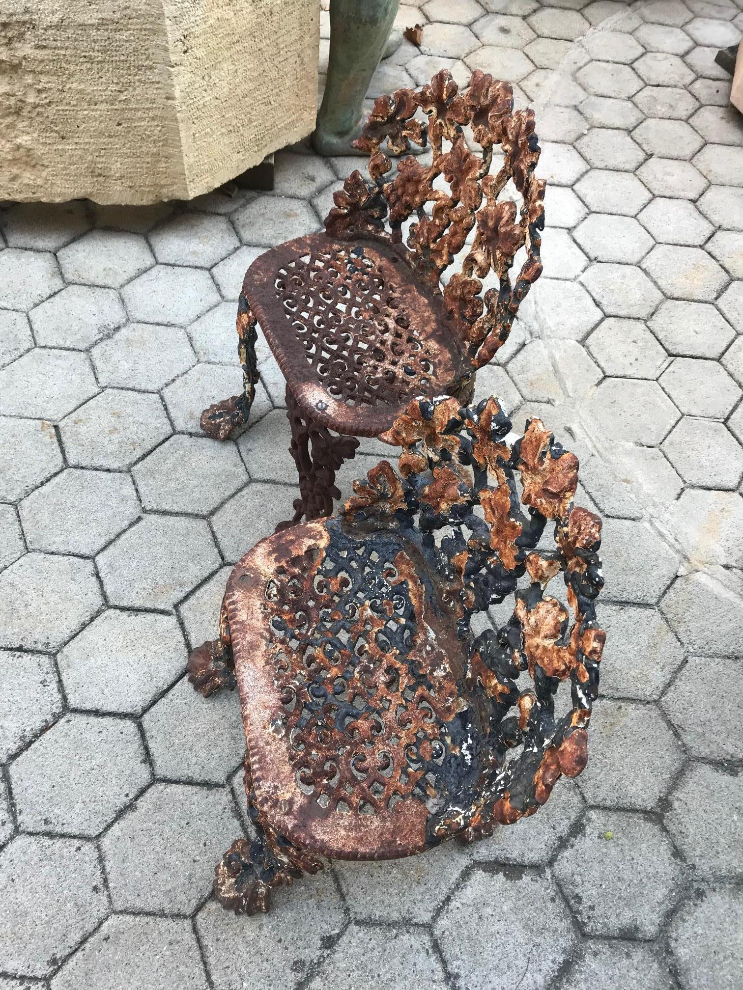 Pair of Napoleon III Side Hand made Garden Chairs Furniture Cast Iron Antique LA In Good Condition In West Hollywood, CA