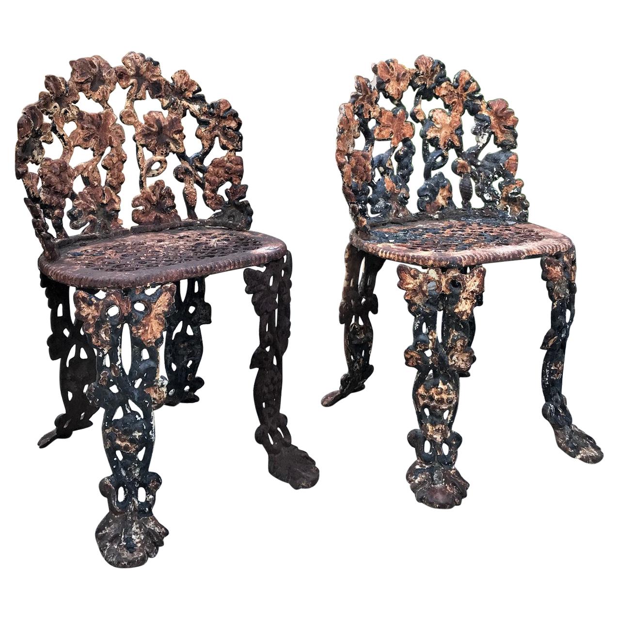 Pair of Napoleon III Side Hand made Garden Chairs Furniture Cast Iron Antique LA
