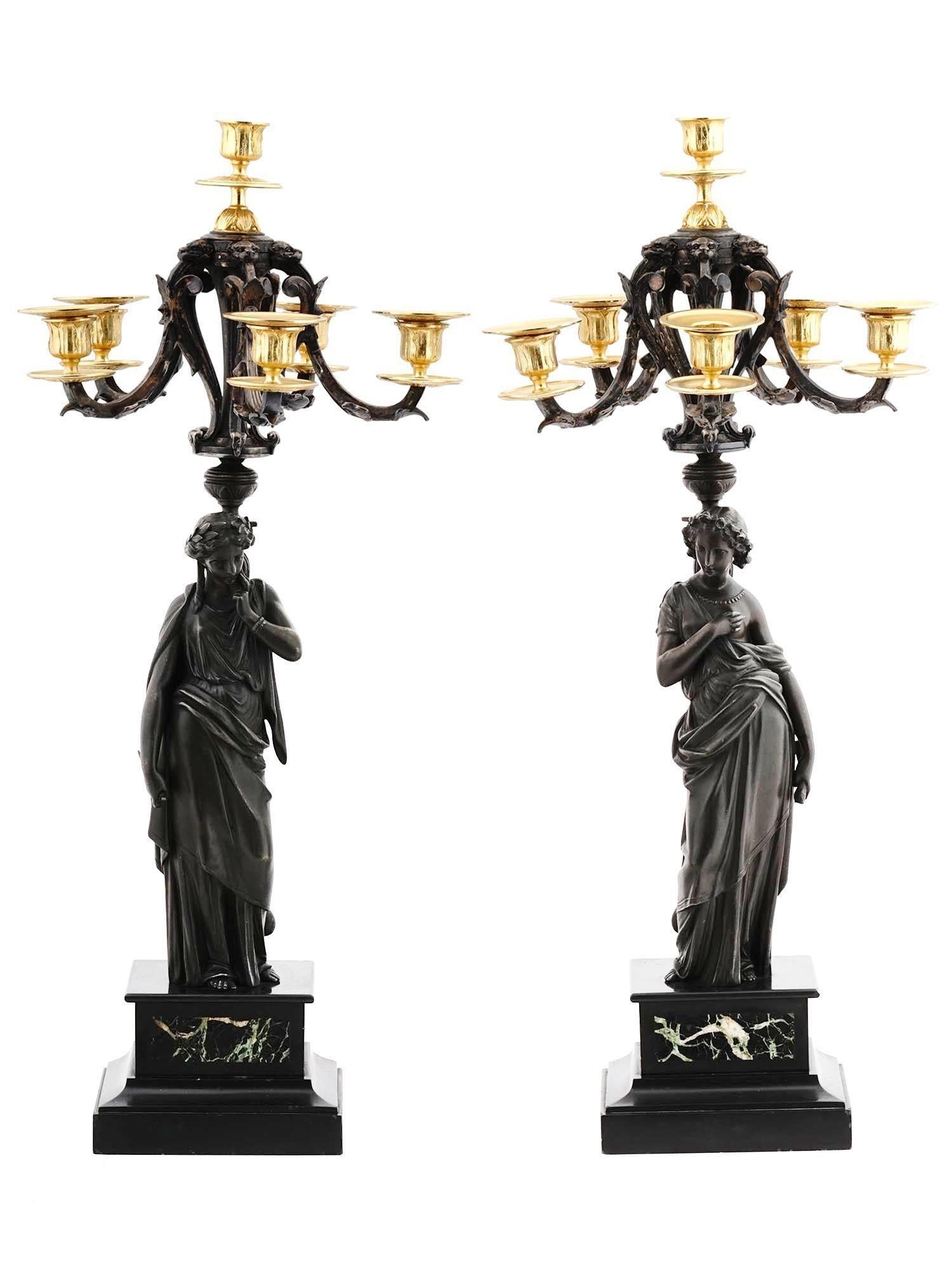 Pair 19th Century Neoclassica French Patinated & Gilt Bronze Figural Candelabra For Sale 6