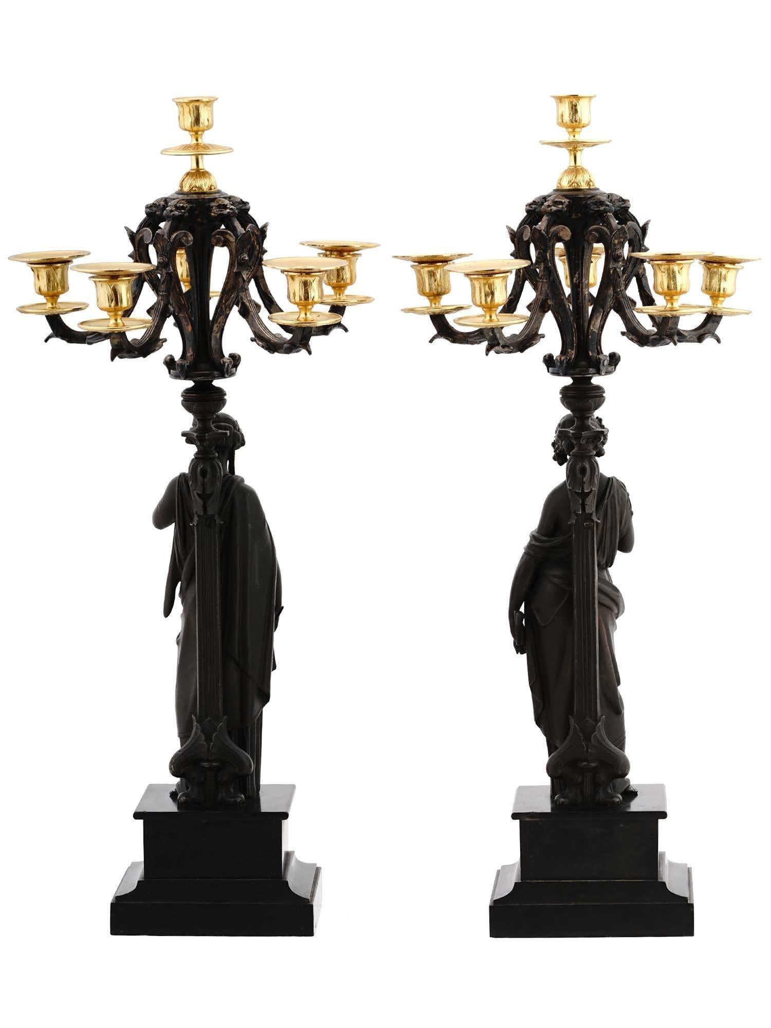 Pair 19th Century Neoclassica French Patinated & Gilt Bronze Figural Candelabra For Sale 3