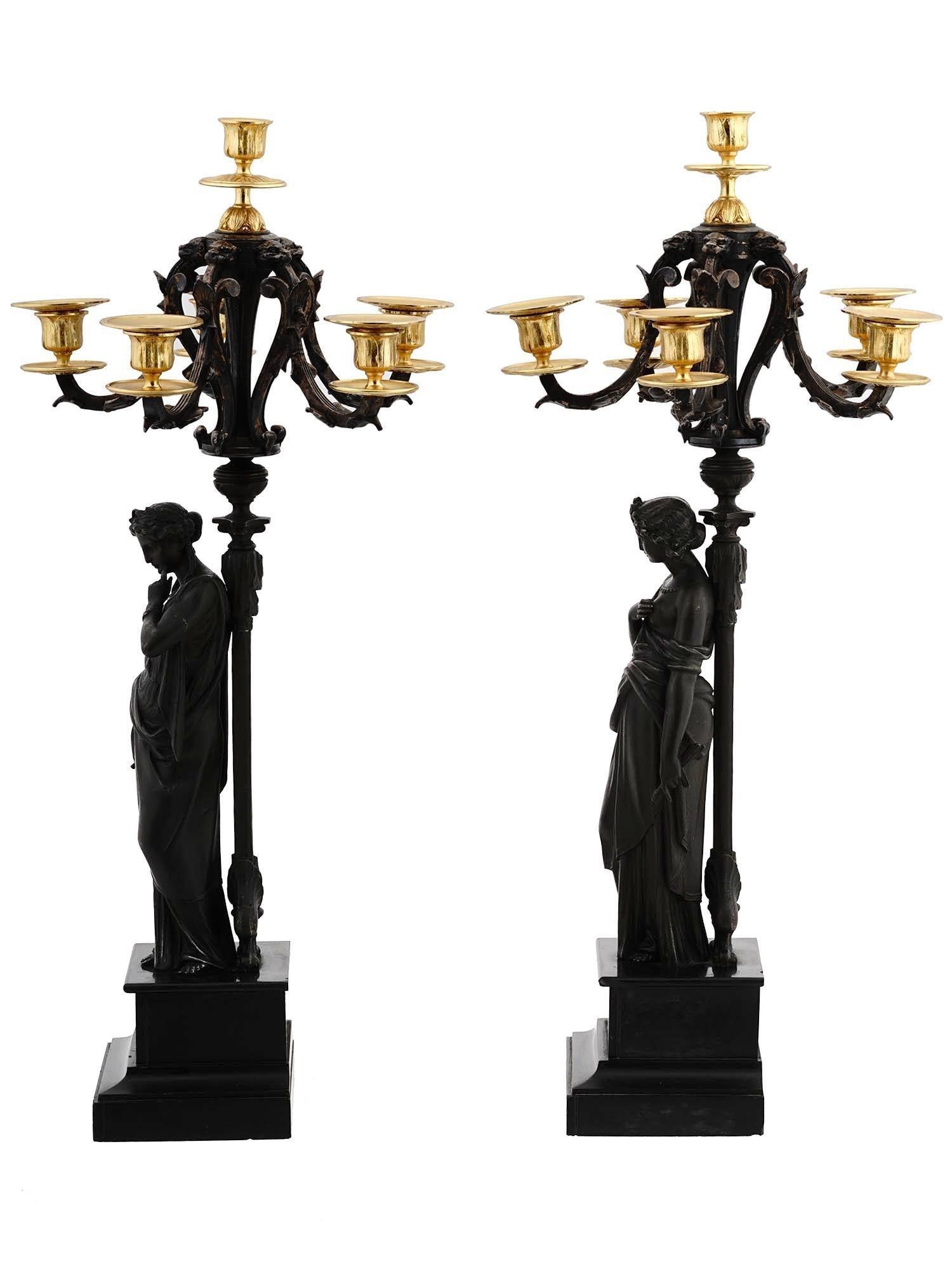 Pair 19th Century Neoclassica French Patinated & Gilt Bronze Figural Candelabra For Sale 4