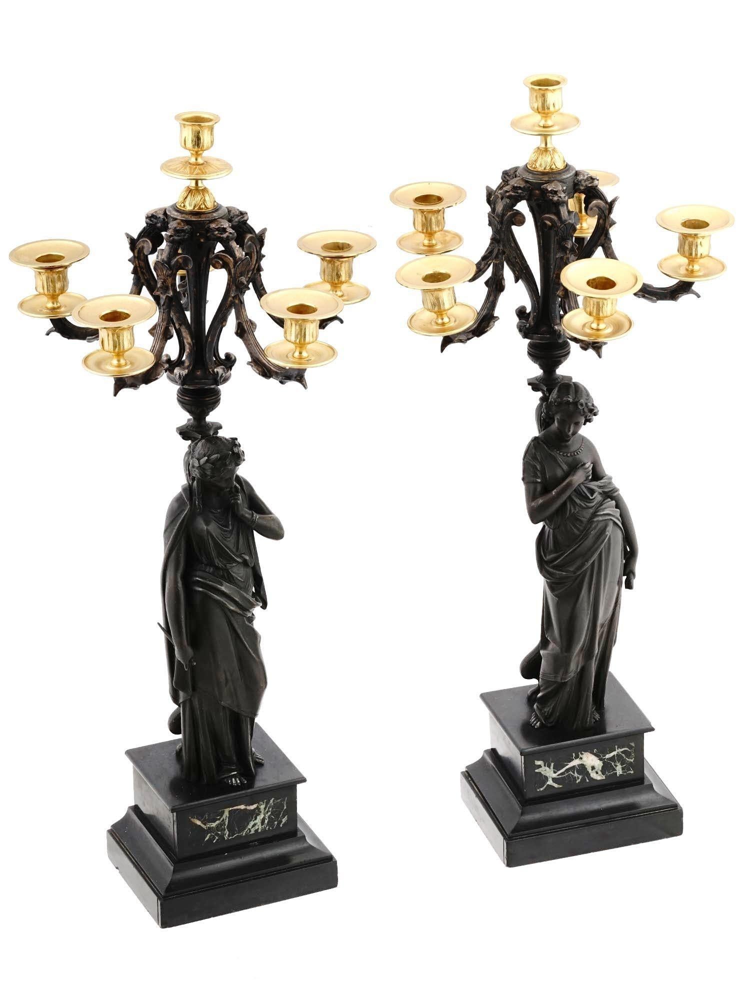 Pair 19th Century Neoclassica French Patinated & Gilt Bronze Figural Candelabra For Sale 5