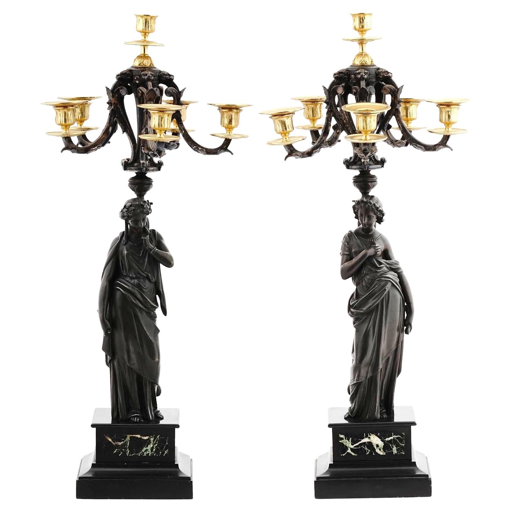 Pair 19th Century Neoclassica French Patinated & Gilt Bronze Figural Candelabra