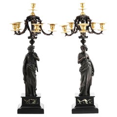 Pair 19th Century Neoclassica French Patinated & Gilt Bronze Figural Candelabra