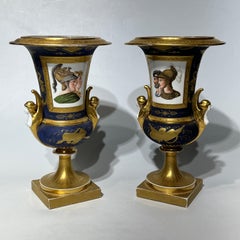 Pair 19th Century Neoclassical Paris Porcelain Campana Form Vases