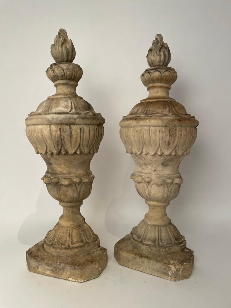 Cast Pair 19th Century Neoclassical Style Italian Plaster Urns with Flame Finials For Sale
