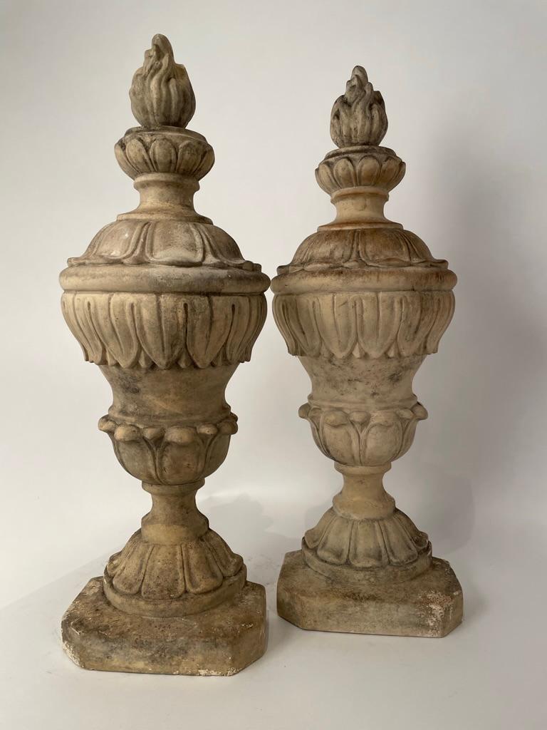 Pair 19th Century Neoclassical Style Italian Plaster Urns with Flame Finials In Good Condition For Sale In Stamford, CT