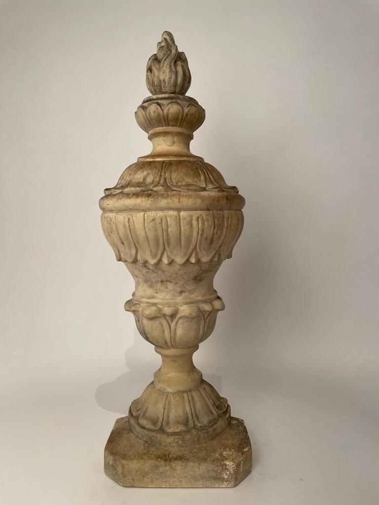 Pair 19th Century Neoclassical Style Italian Plaster Urns with Flame Finials For Sale 1