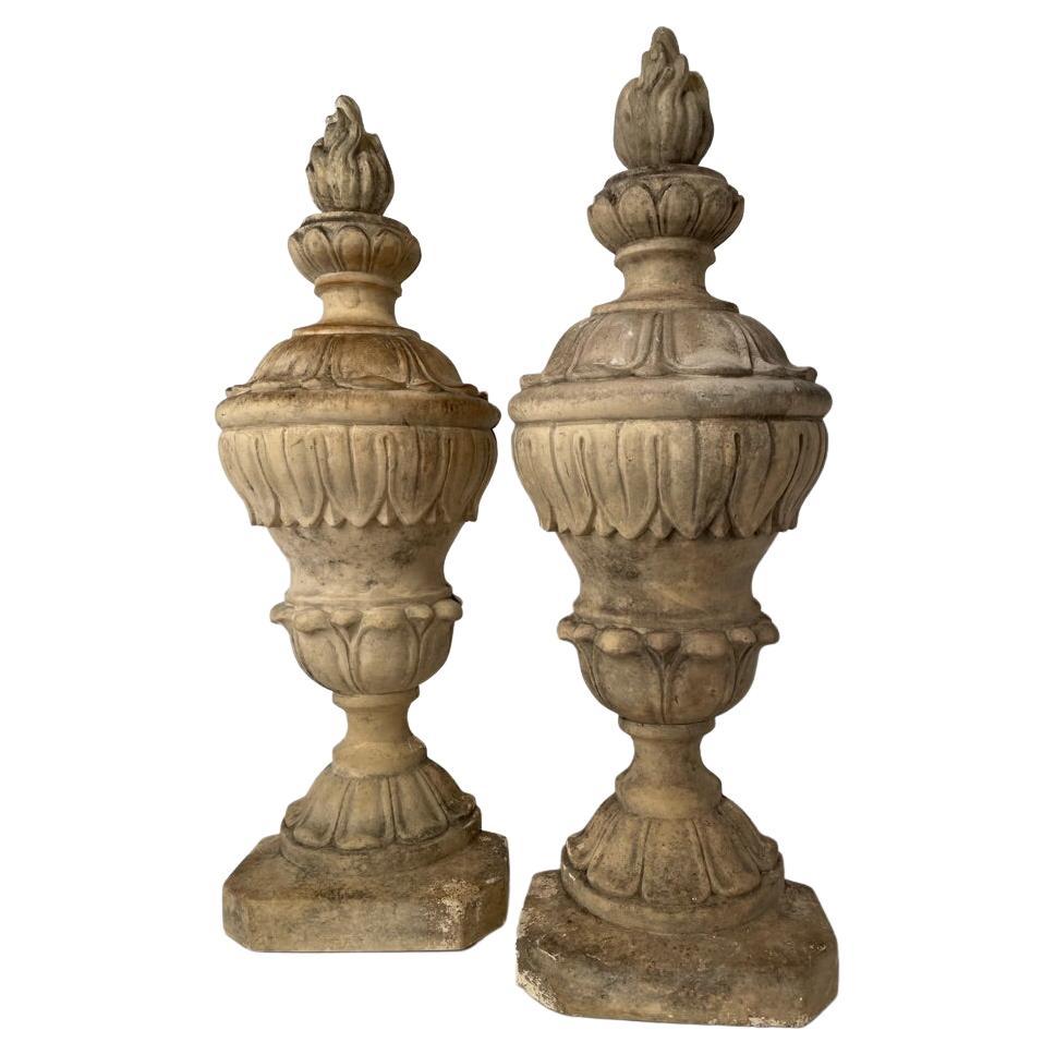 Pair 19th Century Neoclassical Style Italian Plaster Urns with Flame Finials For Sale