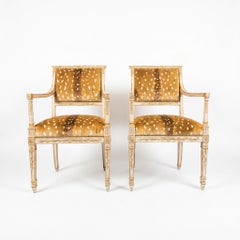 Paire de fauteuils du XIXe siècle de style néoclassique, en velours « antilope », peints et partiellement dorés