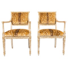 Pair 19th Century Neoclassical Style Painted Parcel Gilt Silk Velvet Fauteuils