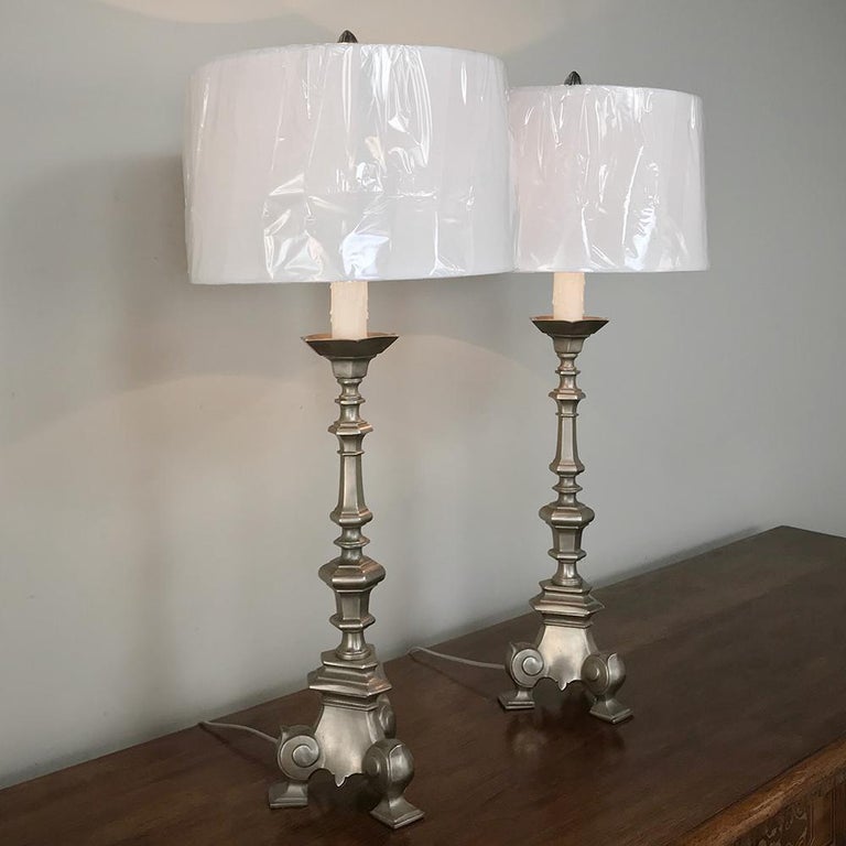 Pair of 19th Century NickelPlated Brass Candlestick Lamps For Sale at