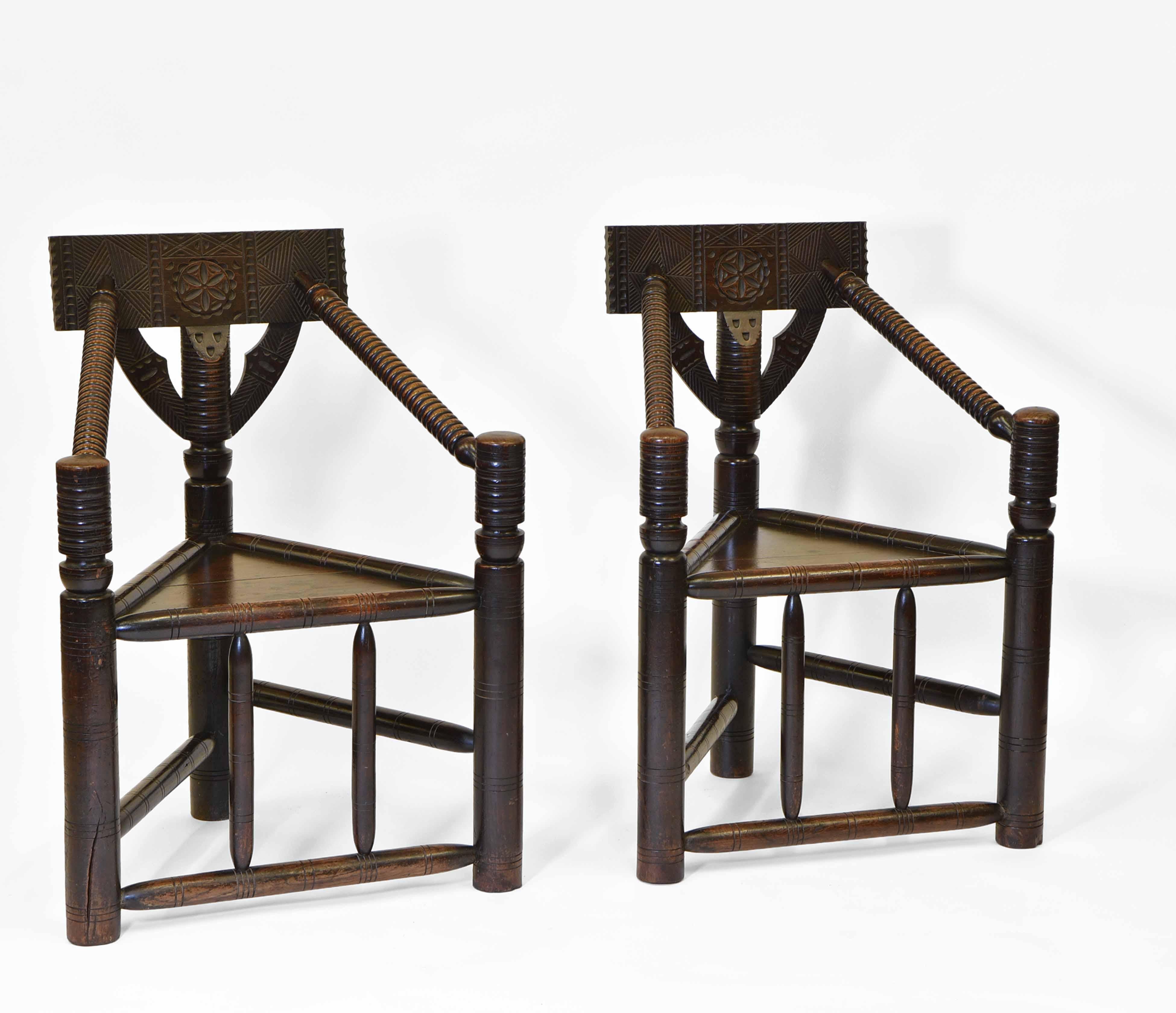 Pair 19th Century Oak Early English Manner Turner's Three Legged Chairs 4