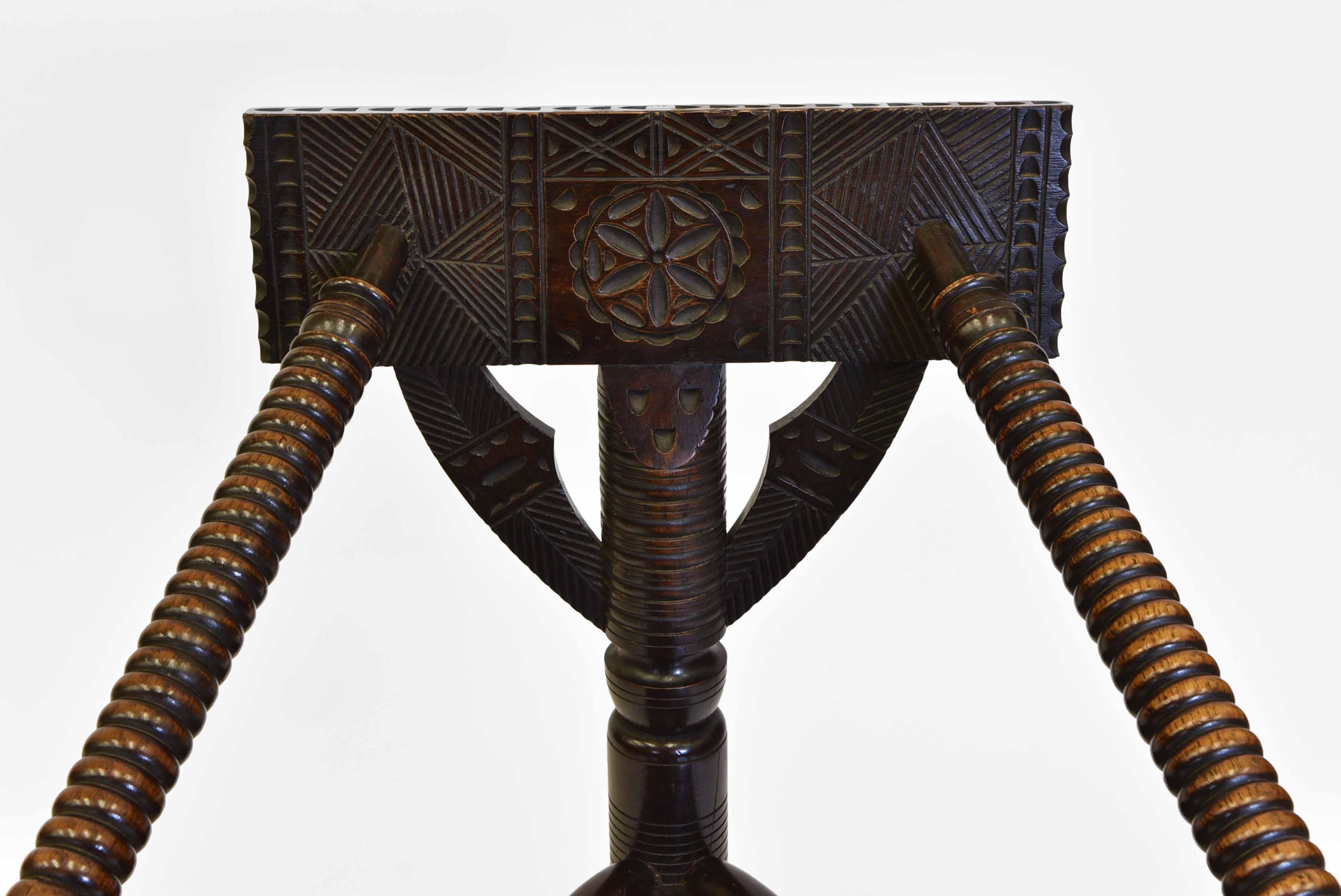 Elizabethan Pair 19th Century Oak Early English Manner Turner's Three Legged Chairs