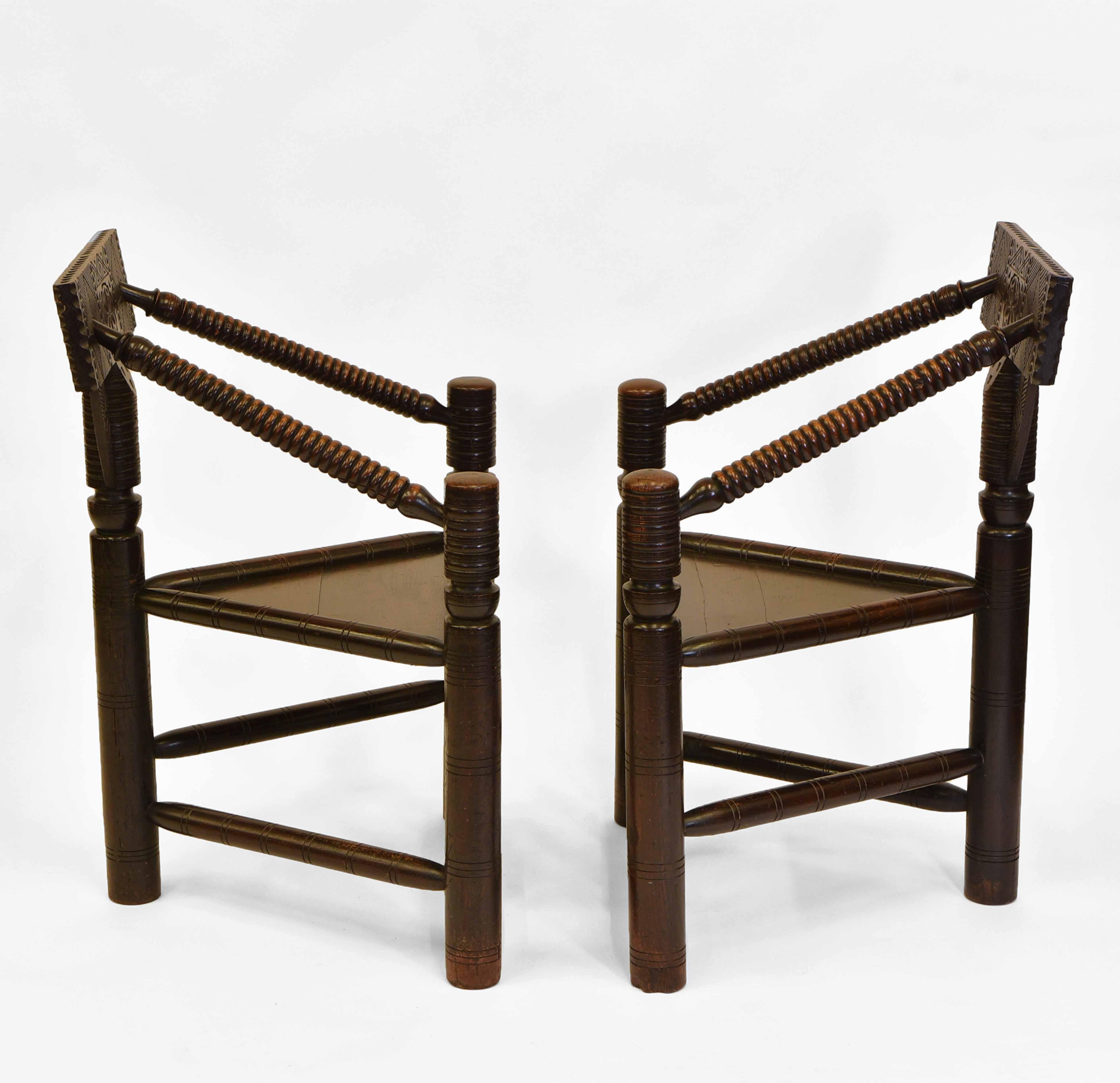 British Pair 19th Century Oak Early English Manner Turner's Three Legged Chairs