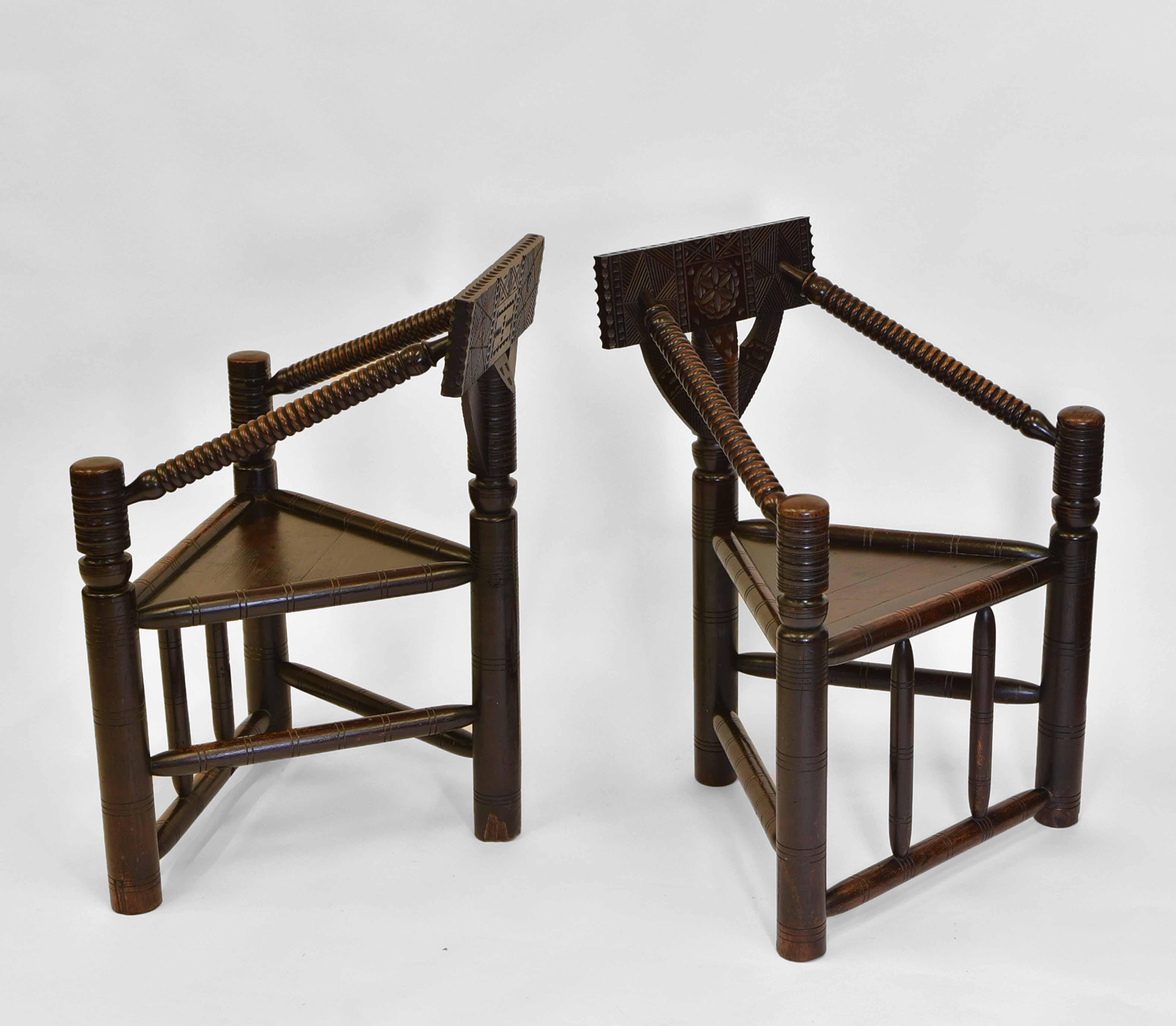 Hand-Carved Pair 19th Century Oak Early English Manner Turner's Three Legged Chairs