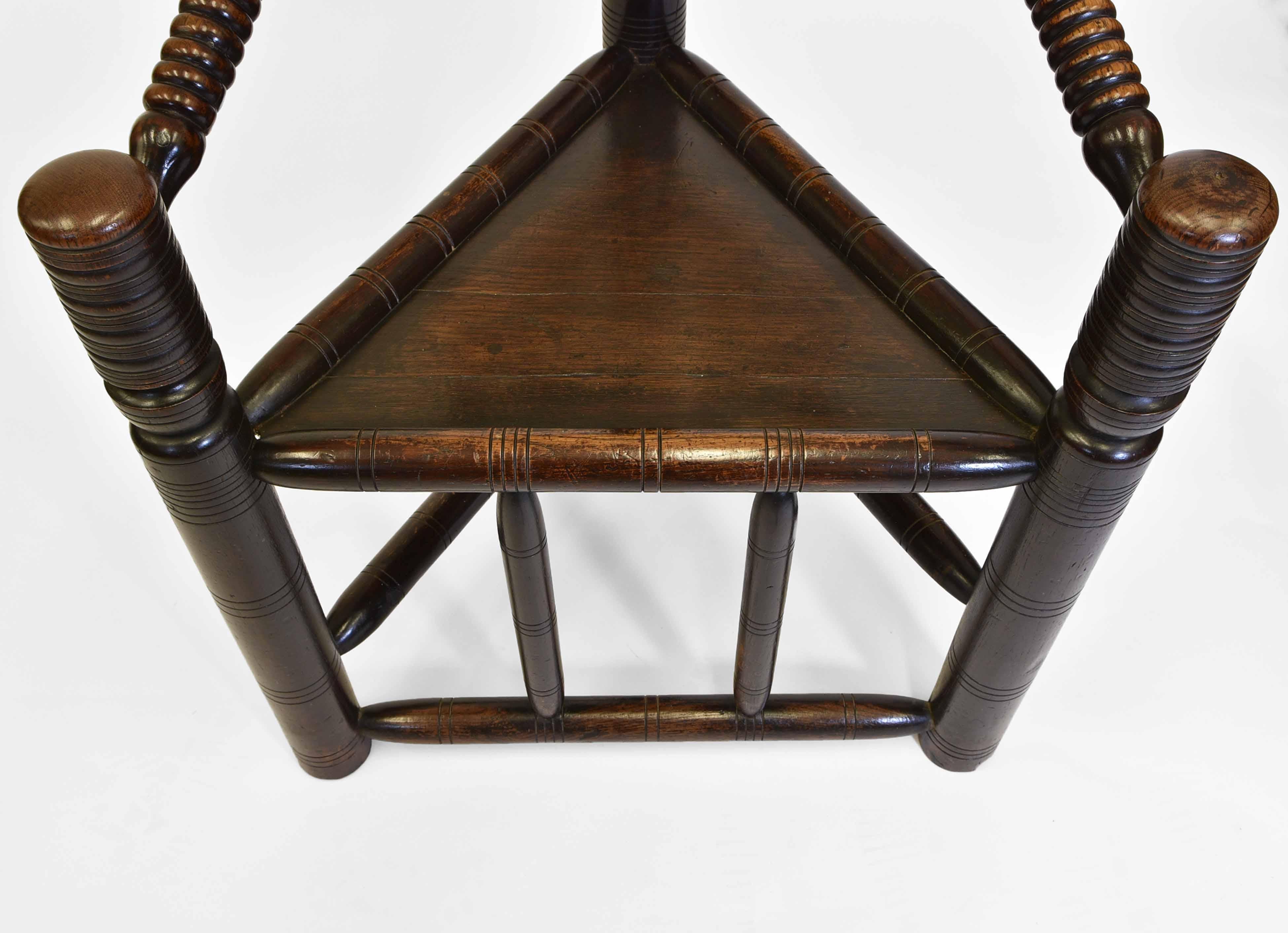 Pair 19th Century Oak Early English Manner Turner's Three Legged Chairs 1