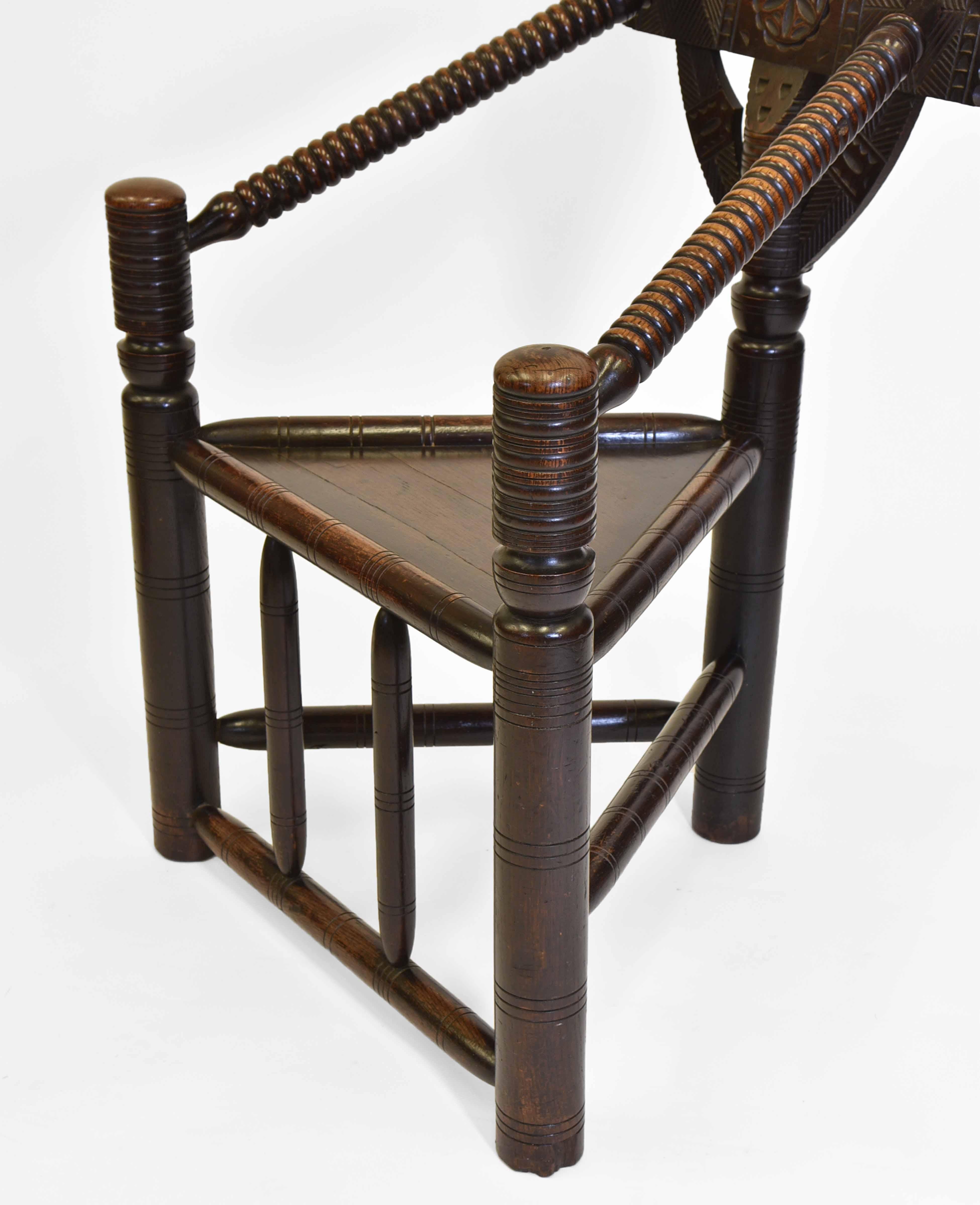 Pair 19th Century Oak Early English Manner Turner's Three Legged Chairs 2