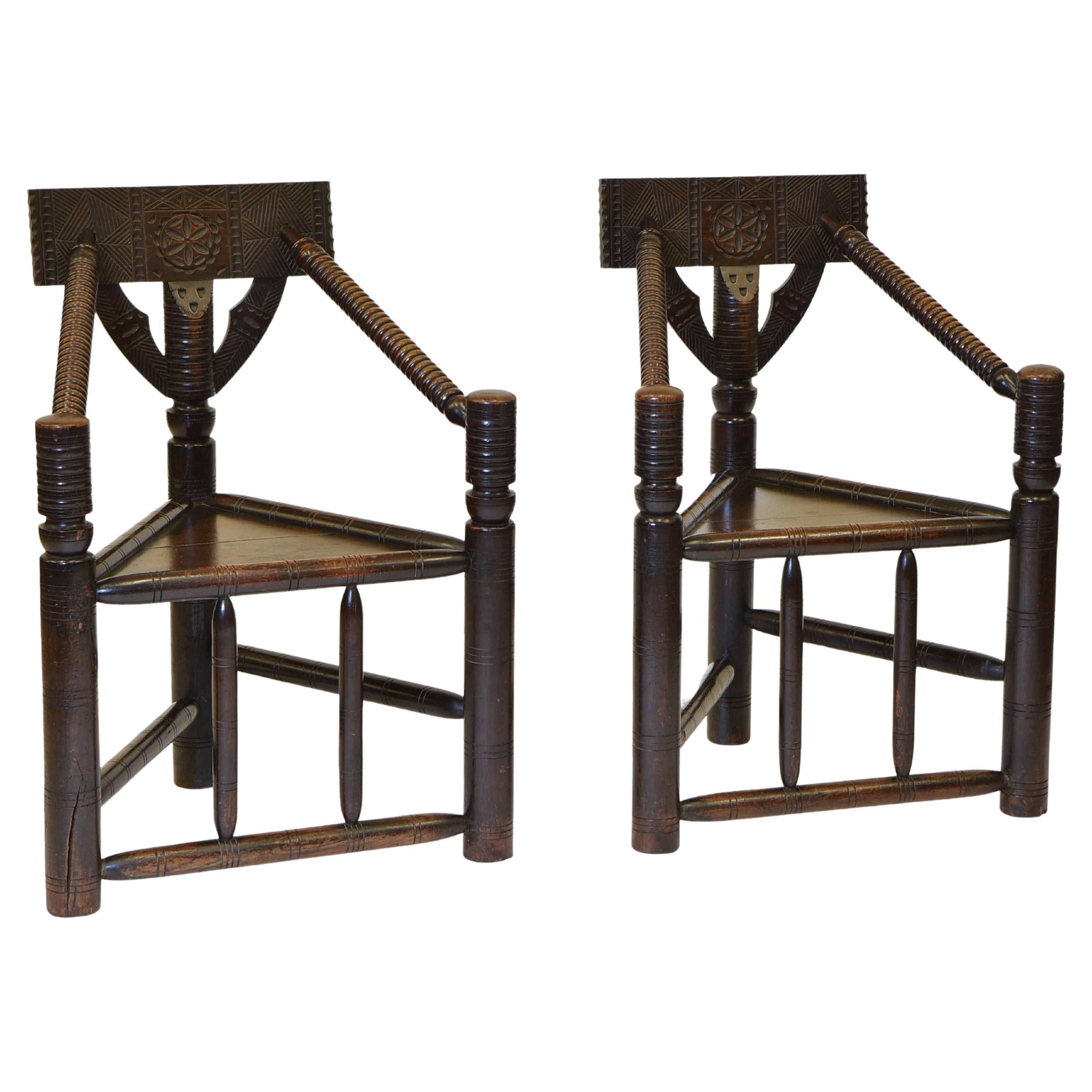Pair 19th Century Oak Early English Manner Turner's Three Legged Chairs