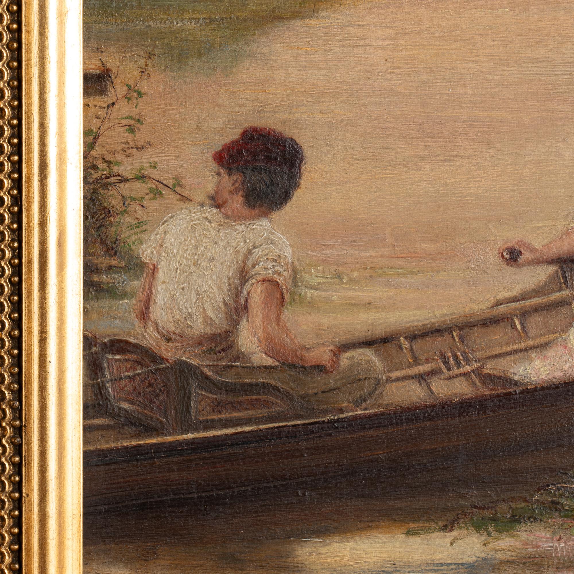 Pair, 19th Century Oil on Canvas Paintings, Boating Couple & Woman on on Shore 7