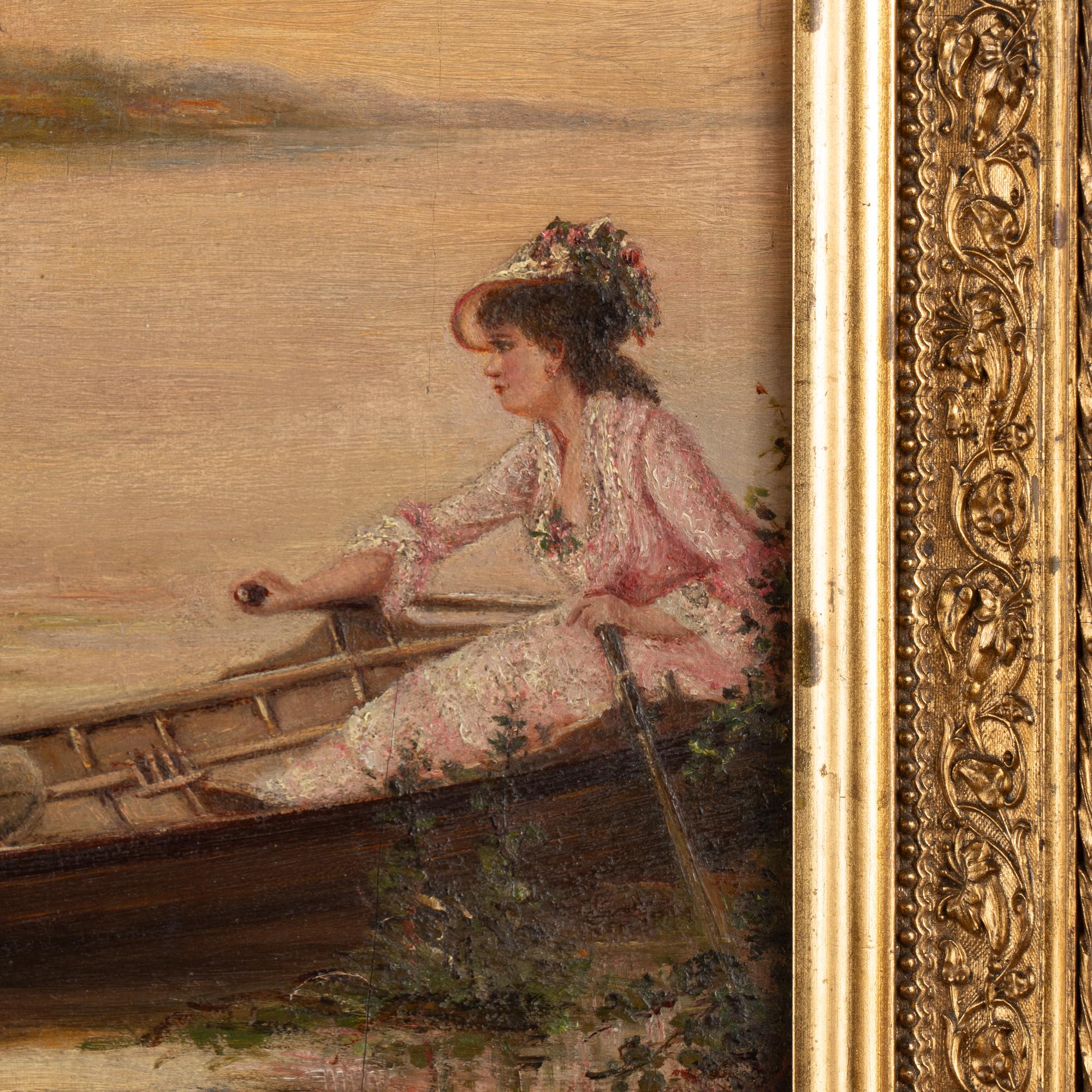 Pair, 19th Century Oil on Canvas Paintings, Boating Couple & Woman on on Shore 8