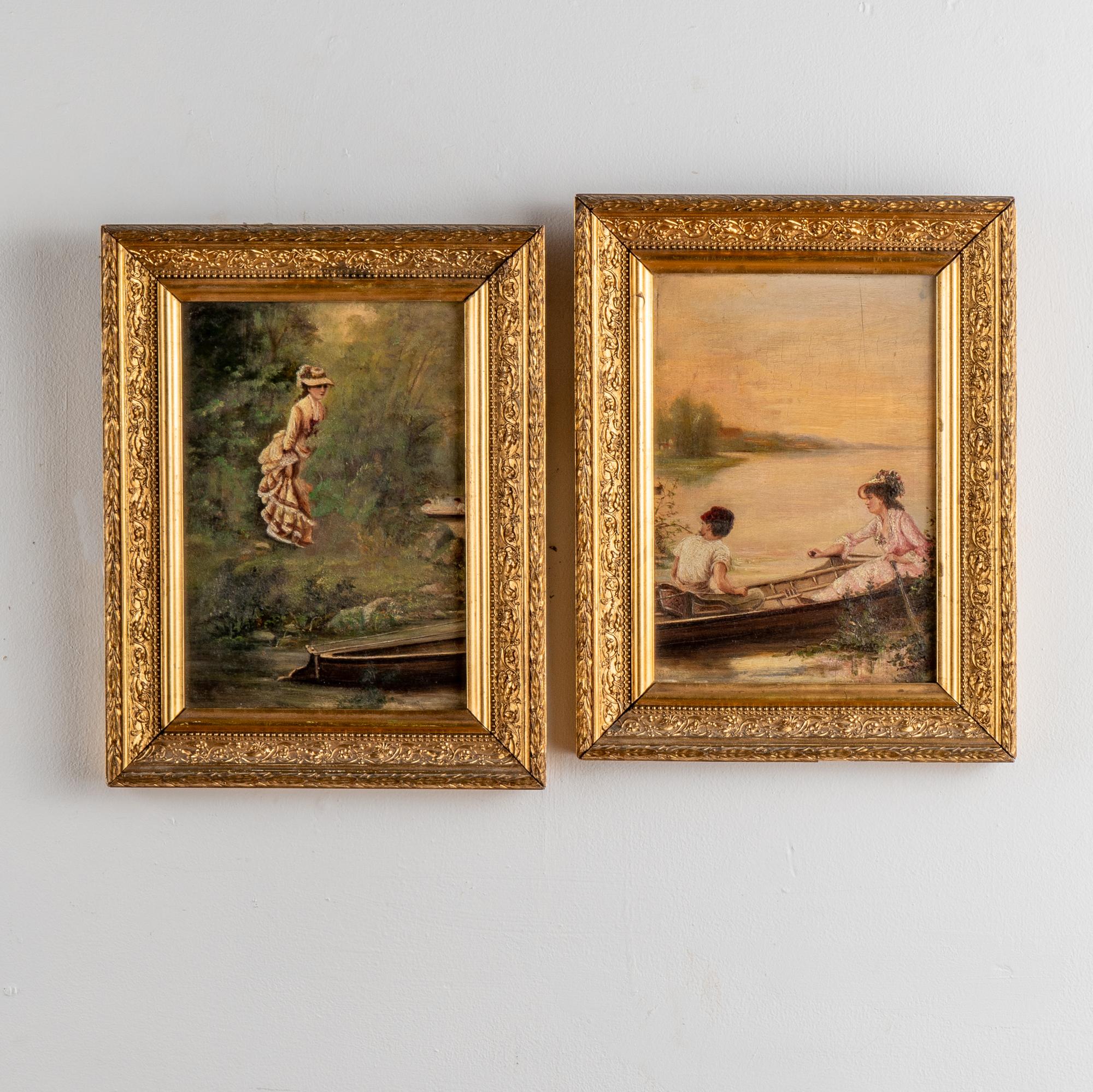 A pair of original oil on canvas paintings sold as a set. The scene is a romantic couple boating for the afternoon in one painting, while in the other, a young woman (possibly a jealous girlfriend?) hides behind a bush and spies on them from the