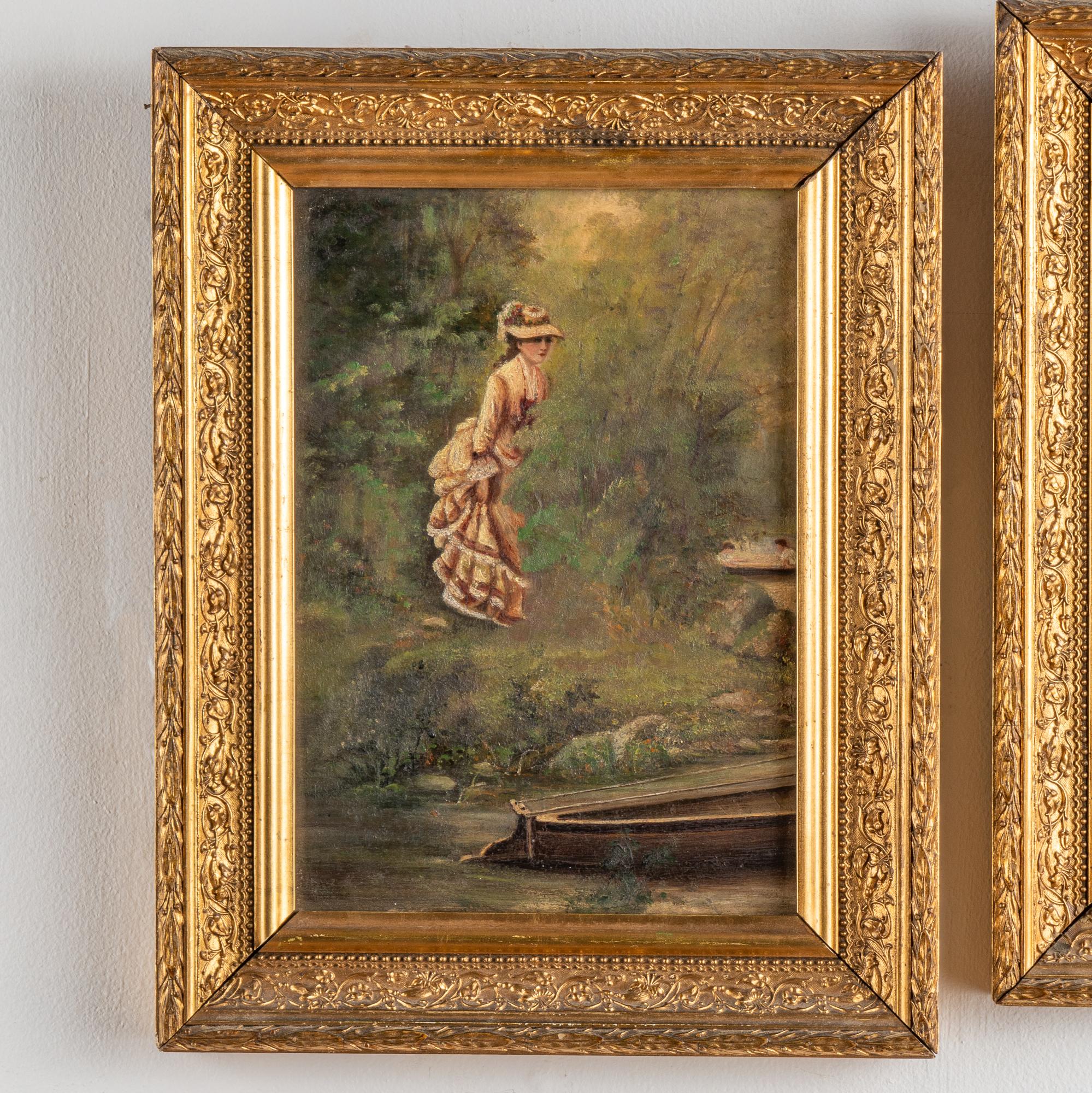Swedish Pair, 19th Century Oil on Canvas Paintings, Boating Couple & Woman on on Shore