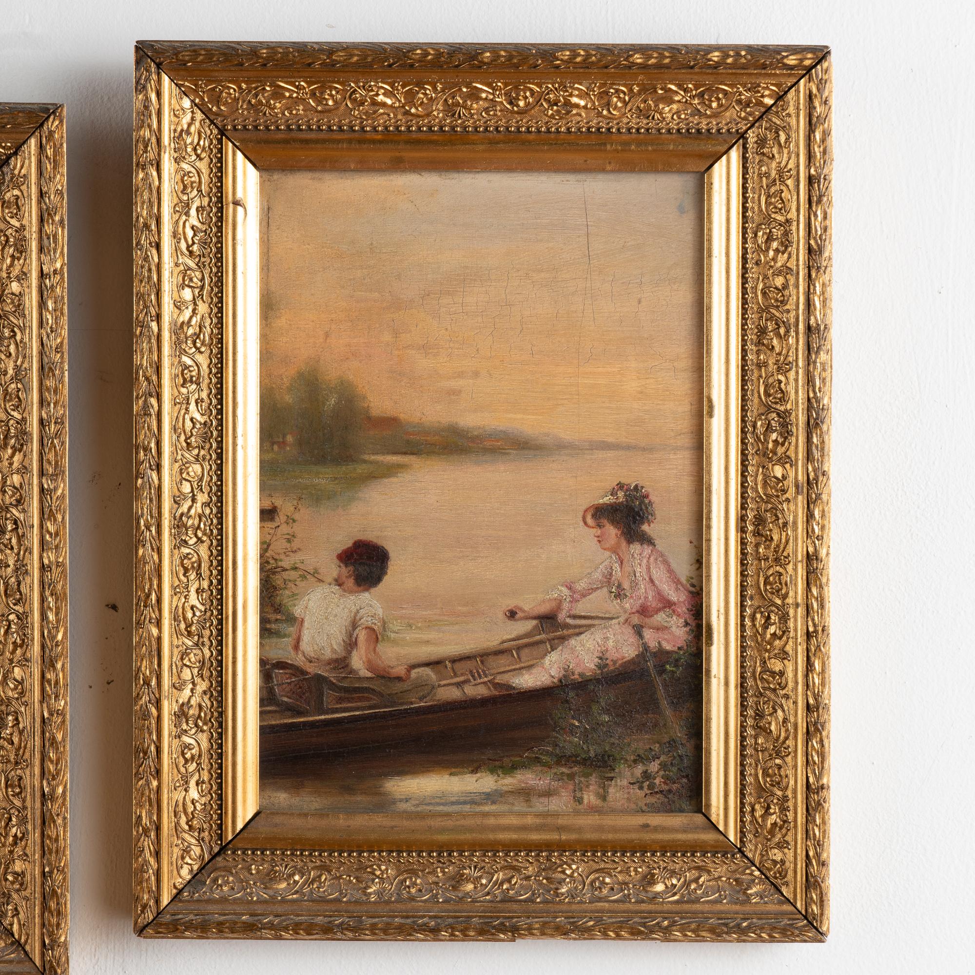 Pair, 19th Century Oil on Canvas Paintings, Boating Couple & Woman on on Shore In Good Condition In Round Top, TX