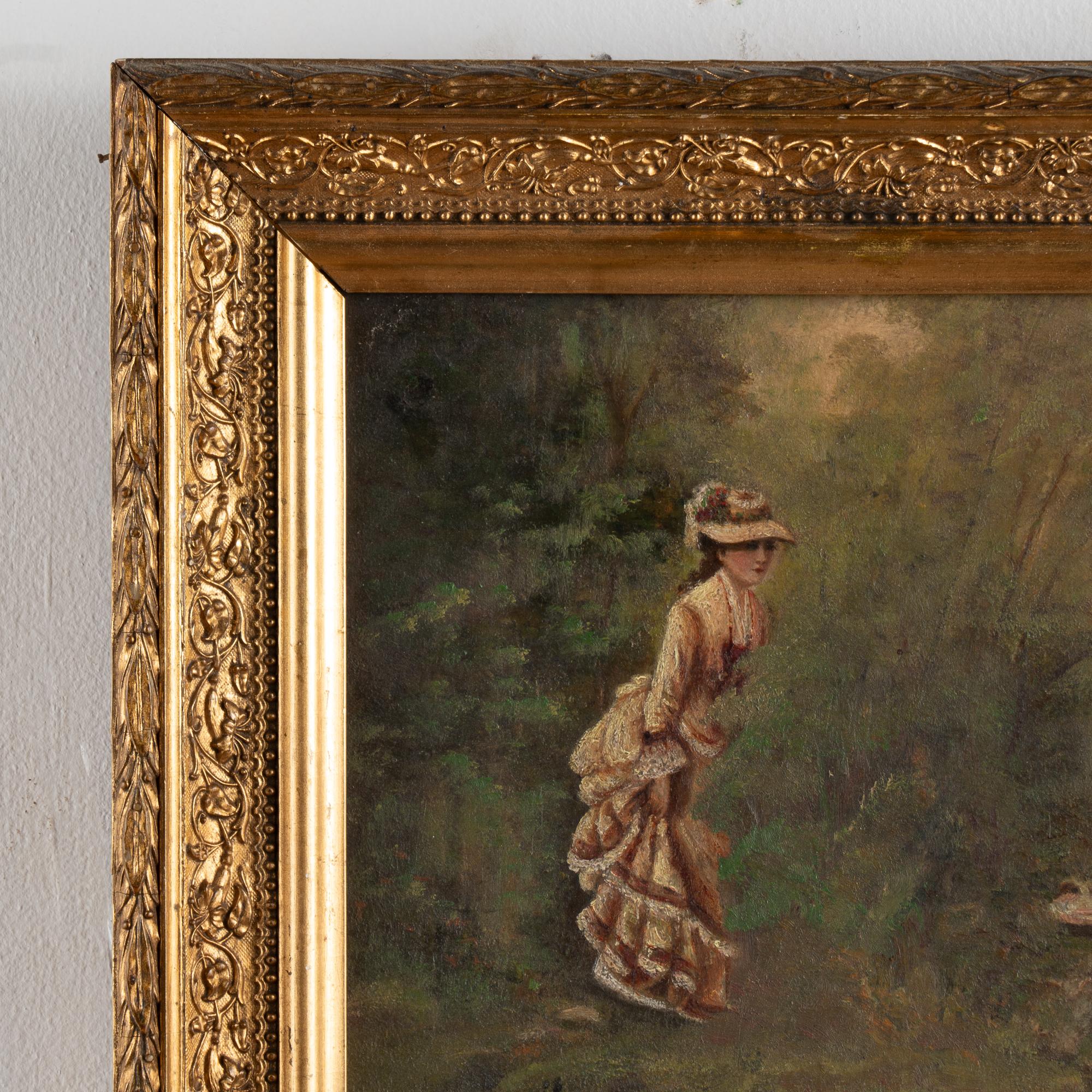 Pair, 19th Century Oil on Canvas Paintings, Boating Couple & Woman on on Shore 1