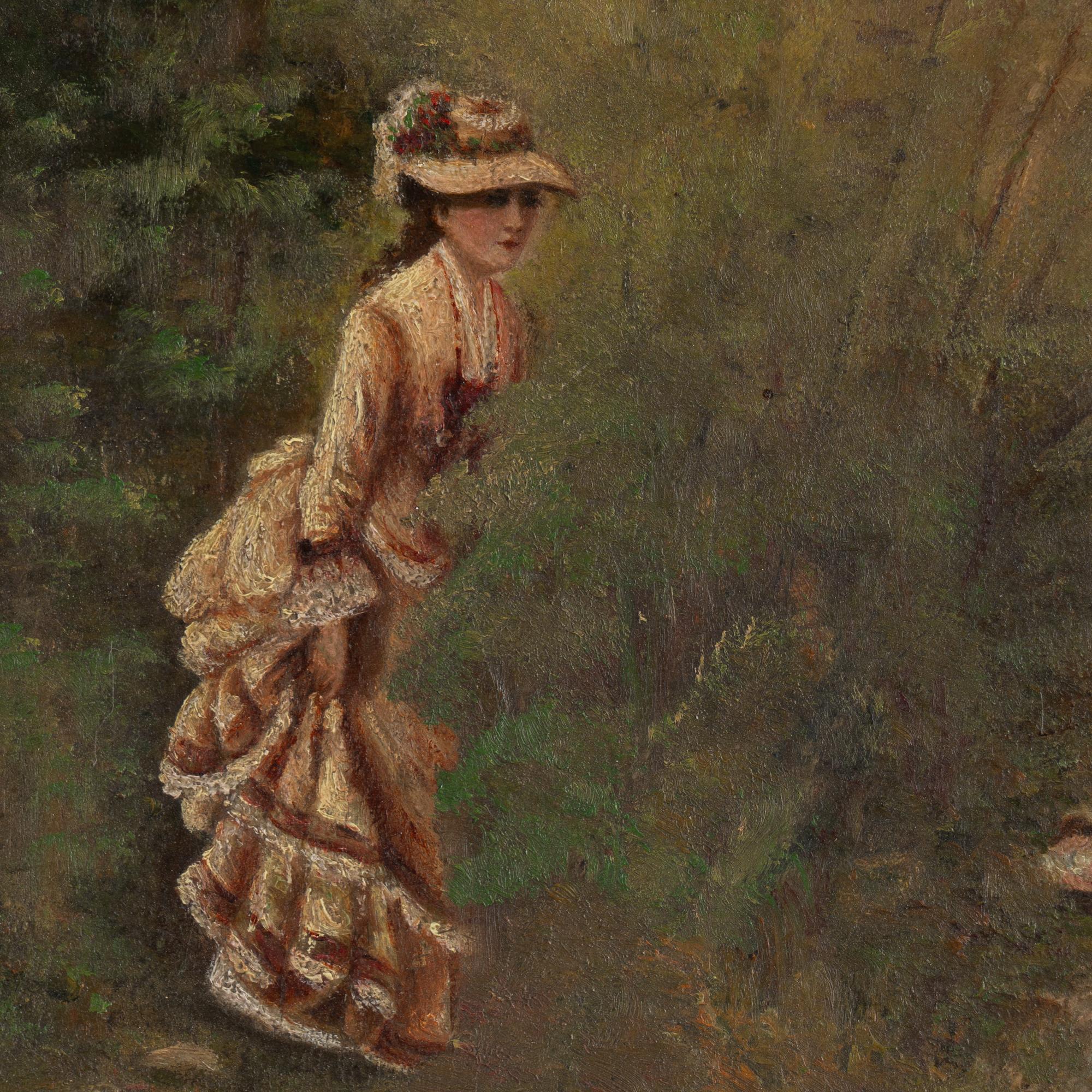 Pair, 19th Century Oil on Canvas Paintings, Boating Couple & Woman on on Shore 2