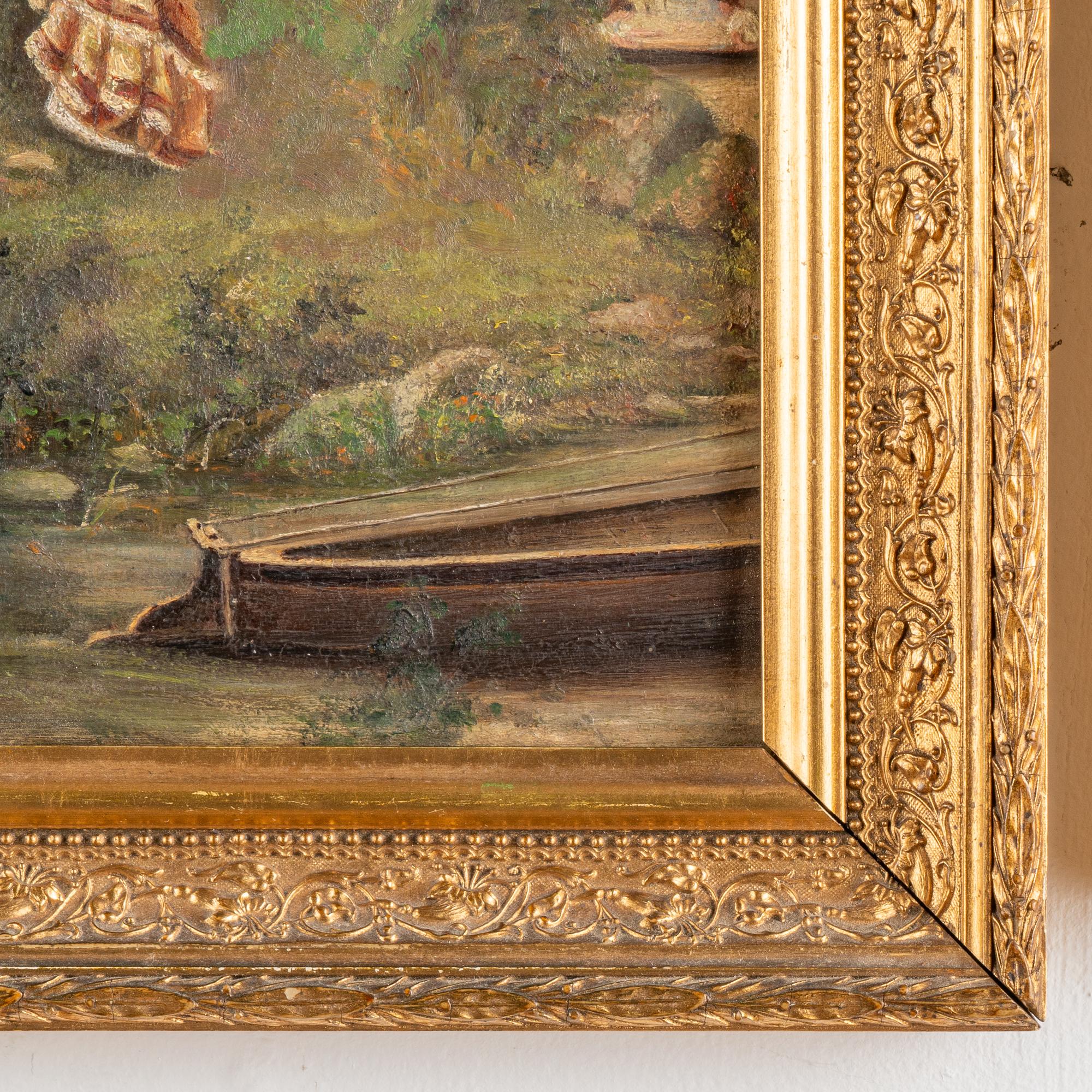 Pair, 19th Century Oil on Canvas Paintings, Boating Couple & Woman on on Shore 3