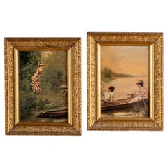 Pair, 19th Century Oil on Canvas Paintings, Boating Couple & Woman on on Shore