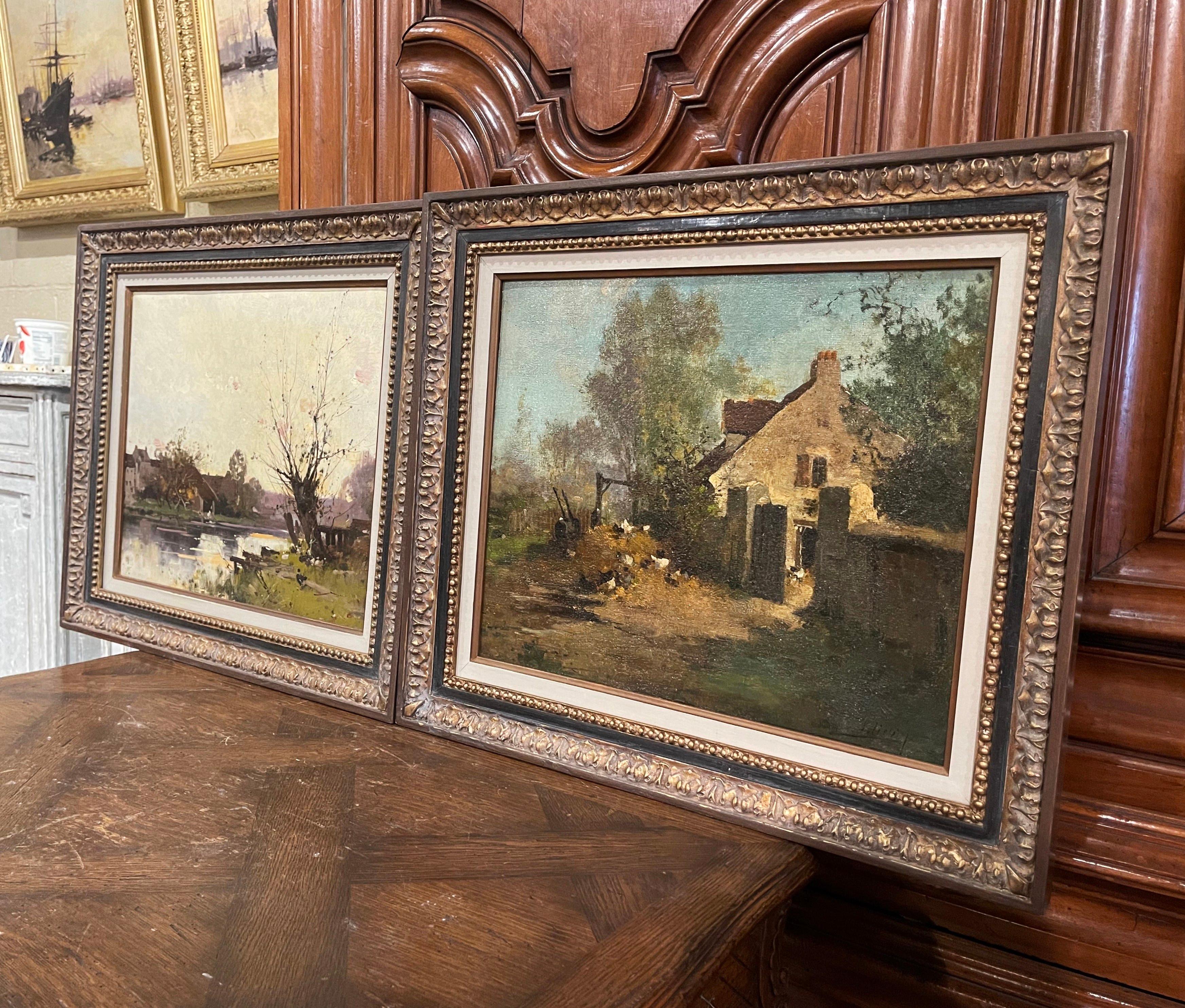 Decorate a study, living room or den with this beautiful and colorful pair of antique oil paintings! Painted in France circa 1890, each artwork on canvas is set in a carved gilt wood frame. One painting illustrates a picturesque, country scene in