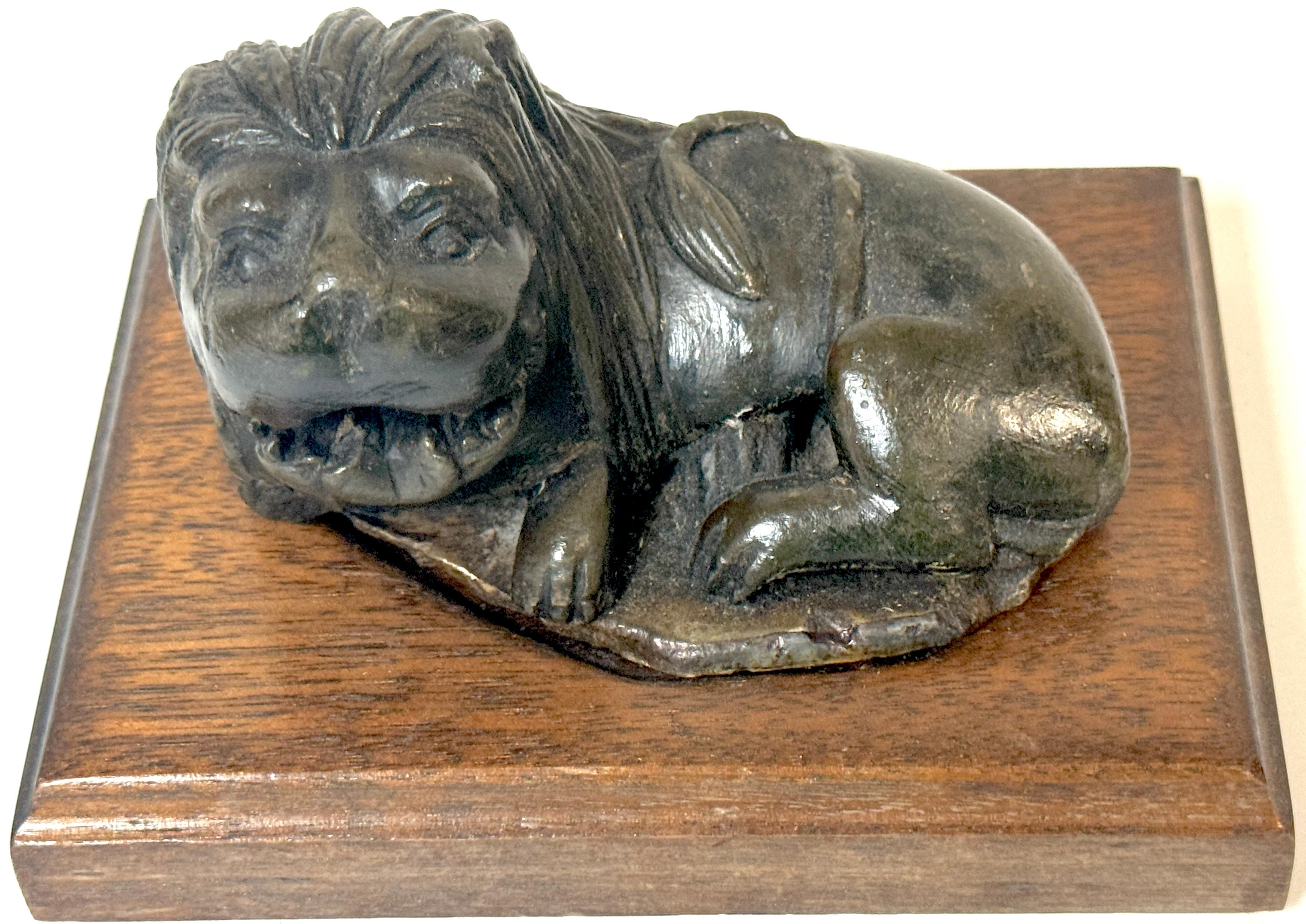 Pair 19th Century or Older Century Indian Carved Stone Lions on Custom Bases For Sale 1
