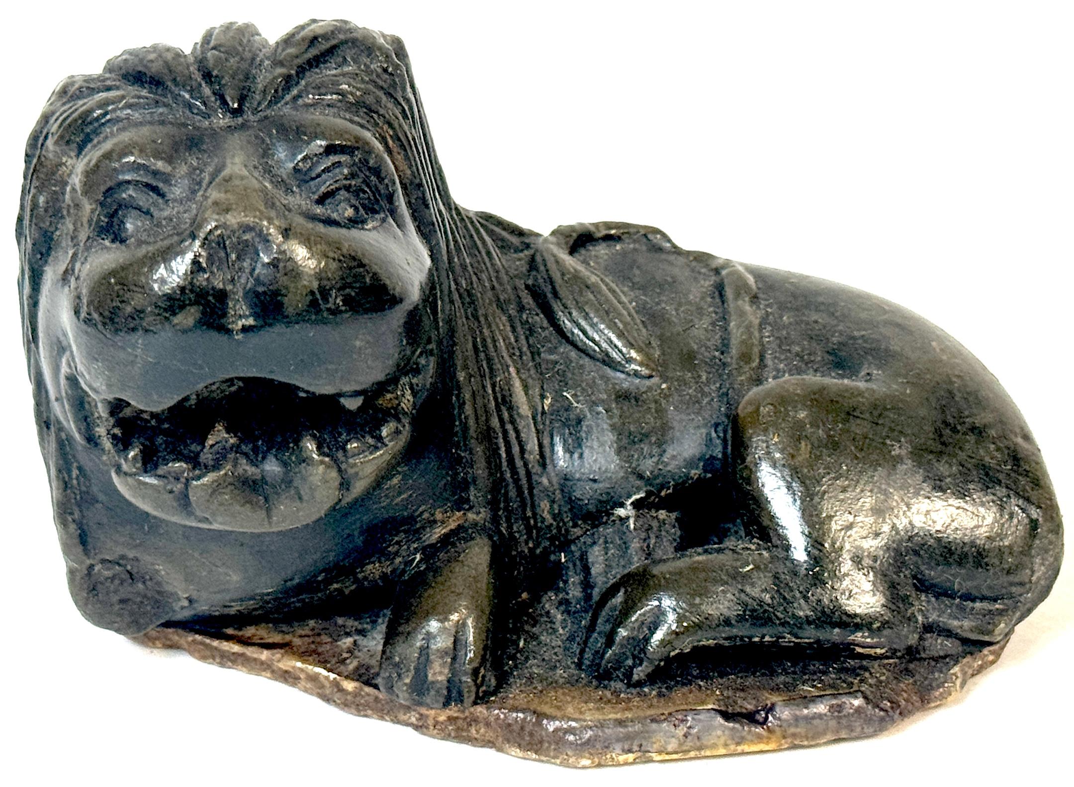 Pair 19th Century or Older Century Indian Carved Stone Lions on Custom Bases For Sale 3