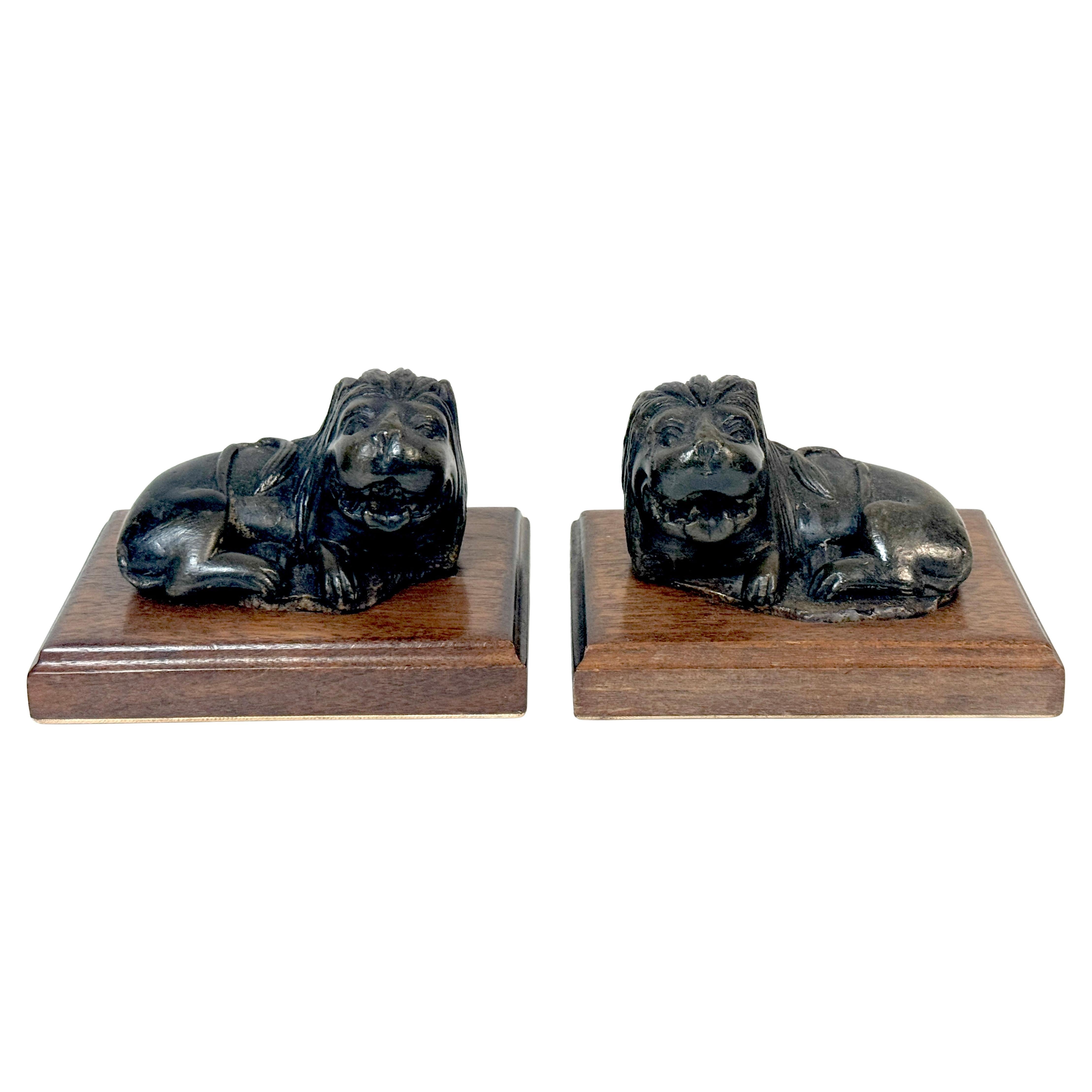 Pair 19th Century or Older Century Indian Carved Stone Lions on Custom Bases For Sale