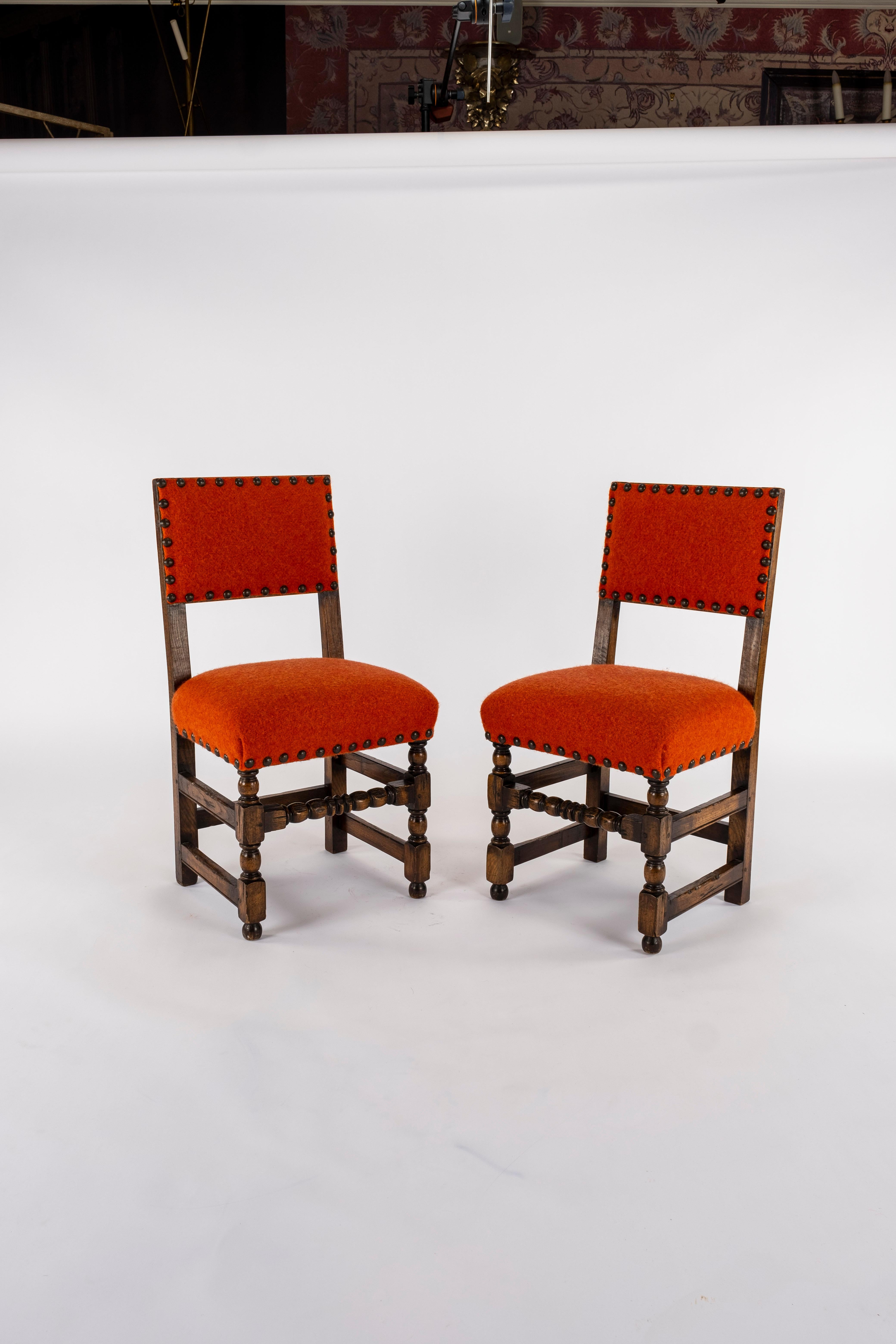 French Pair of 19th Century Orange Red Louis XIII Style Walnut Chairs