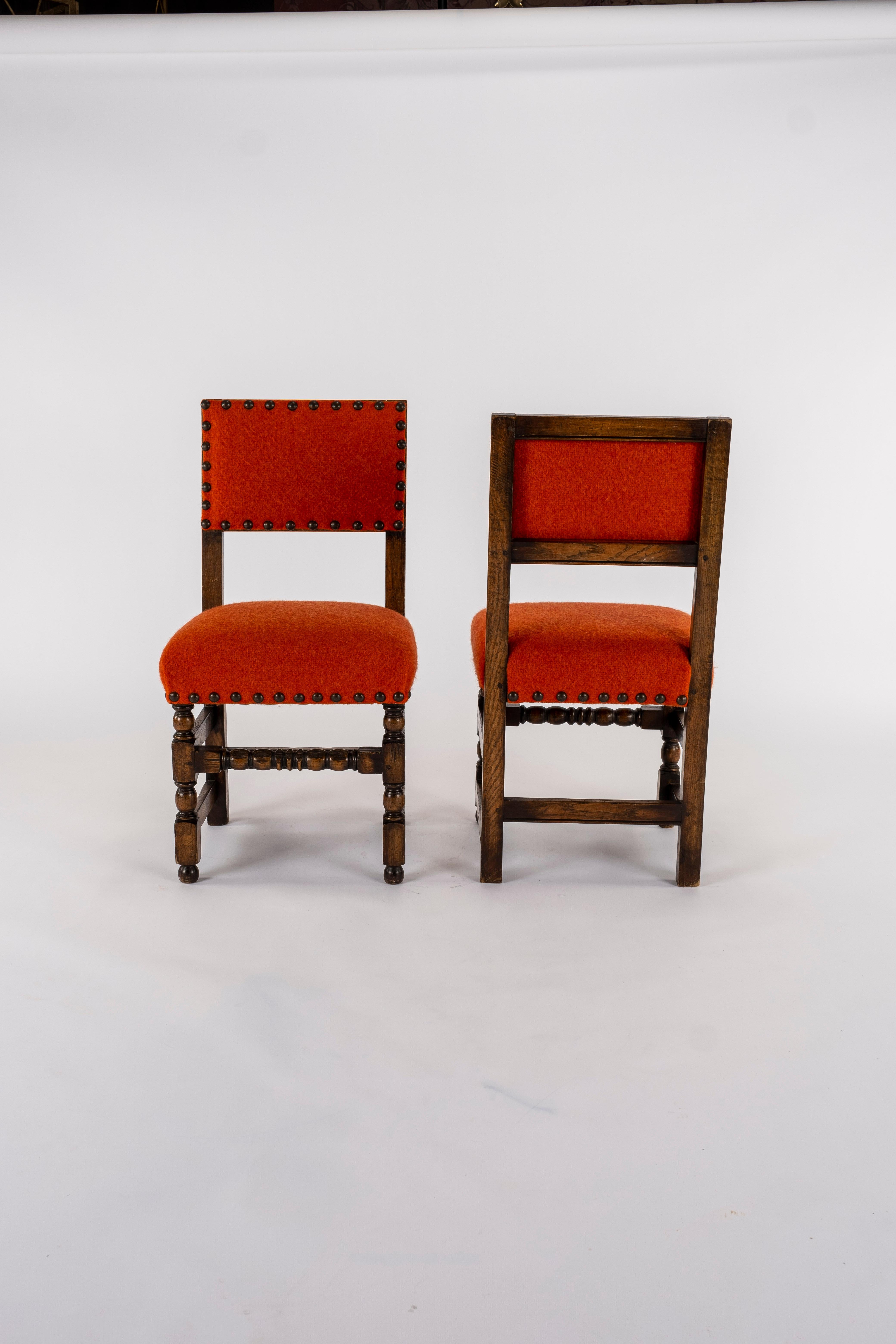 Hand-Carved Pair of 19th Century Orange Red Louis XIII Style Walnut Chairs