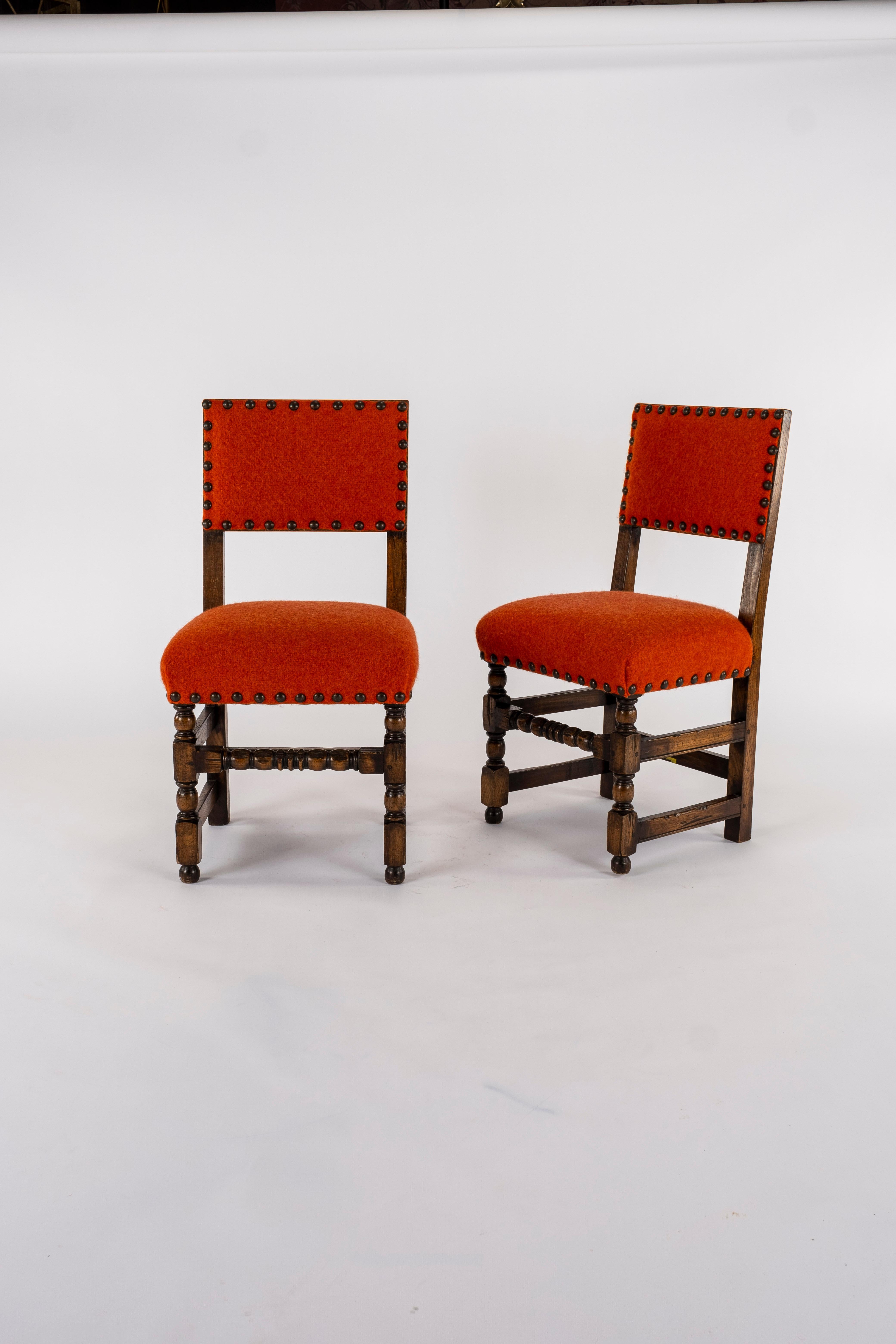 Pair of 19th Century Orange Red Louis XIII Style Walnut Chairs In Good Condition In Houston, TX