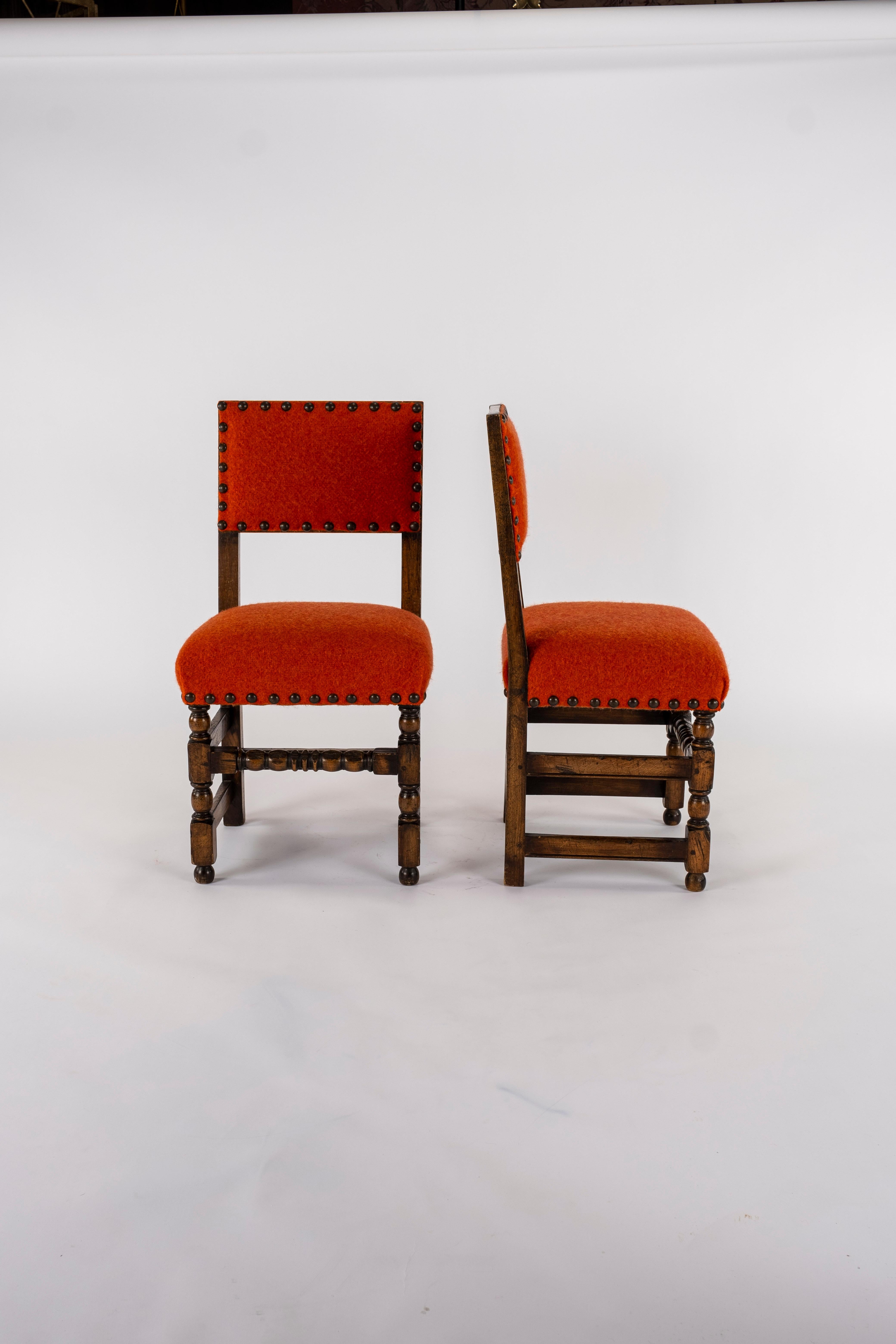 Wool Pair of 19th Century Orange Red Louis XIII Style Walnut Chairs
