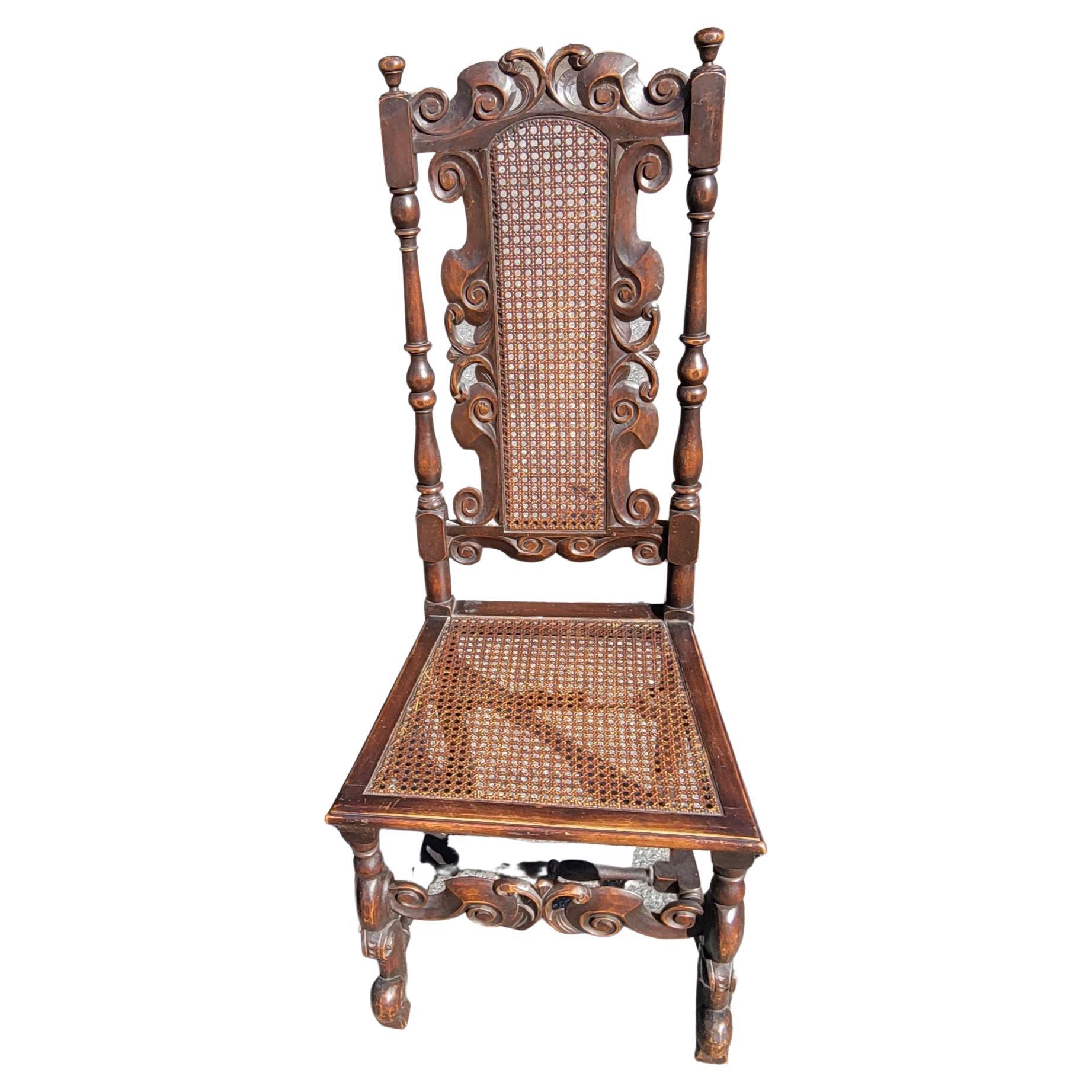 Upholstery  Pair 19th Century Paine Furniture Hand-Carved William & Mary High Back Chairs  For Sale