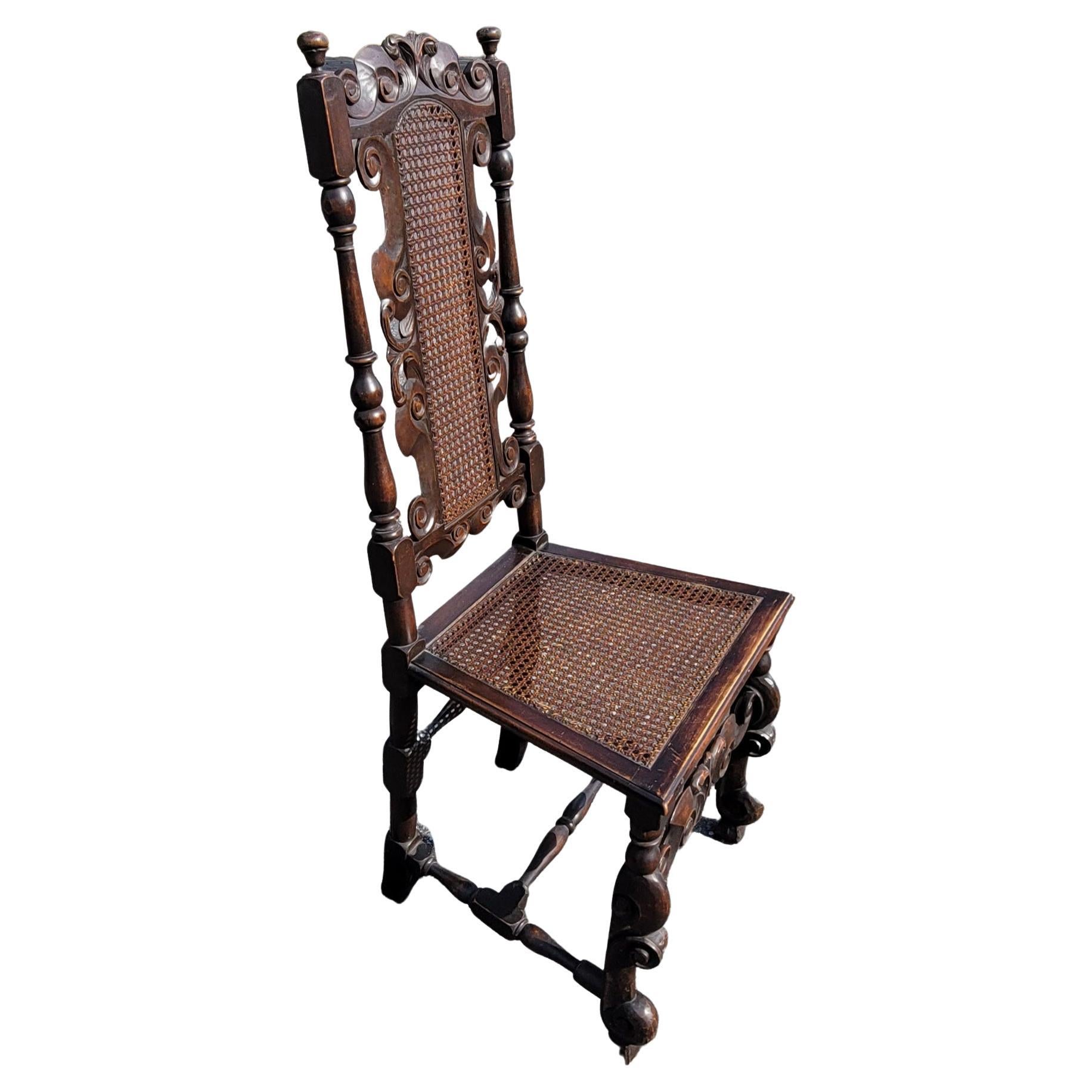 Pair 19th Century Paine Furniture Hand-Carved William & Mary High Back Chairs For Sale 1
